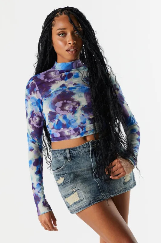 Blue and Purple Print Mesh Mock Neck Crop Top sold by Urban Planet