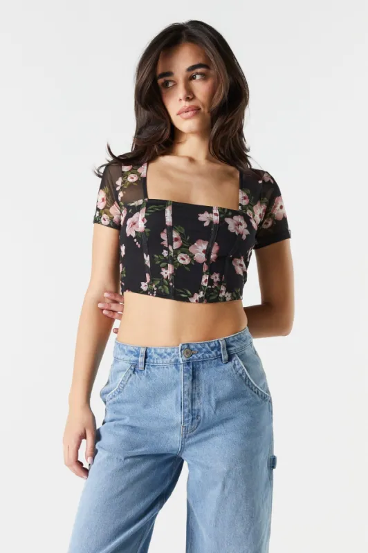 Corset fleuri noir avec manches en filet sold by Urban Planet