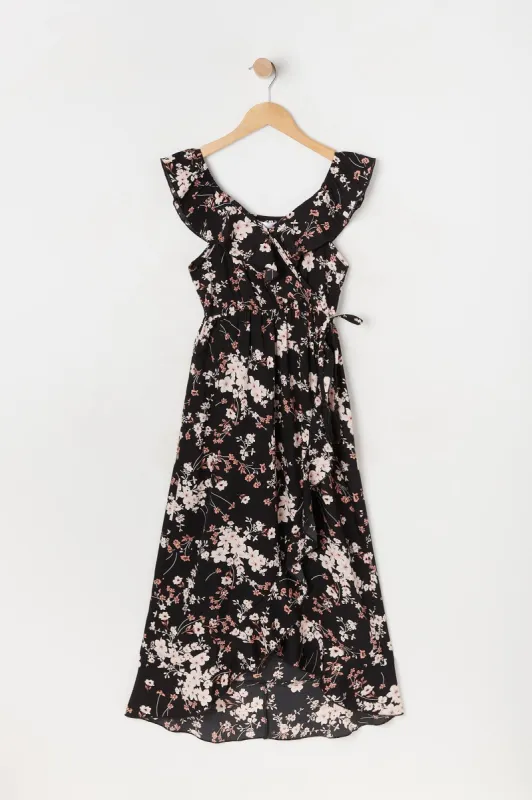 Girls Black Floral High-Low Flounce Dress sold by Urban Planet