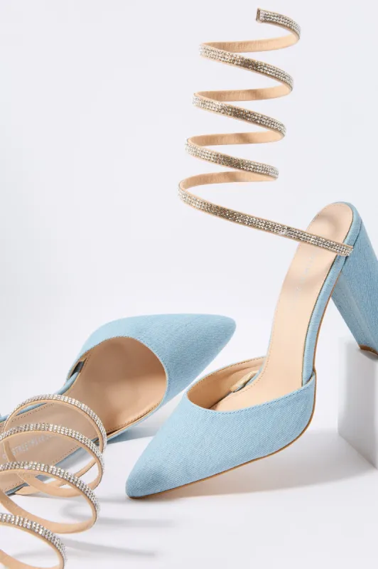 Rhinestone Wrap Up Denim Pointed Heel sold by Urban Planet
