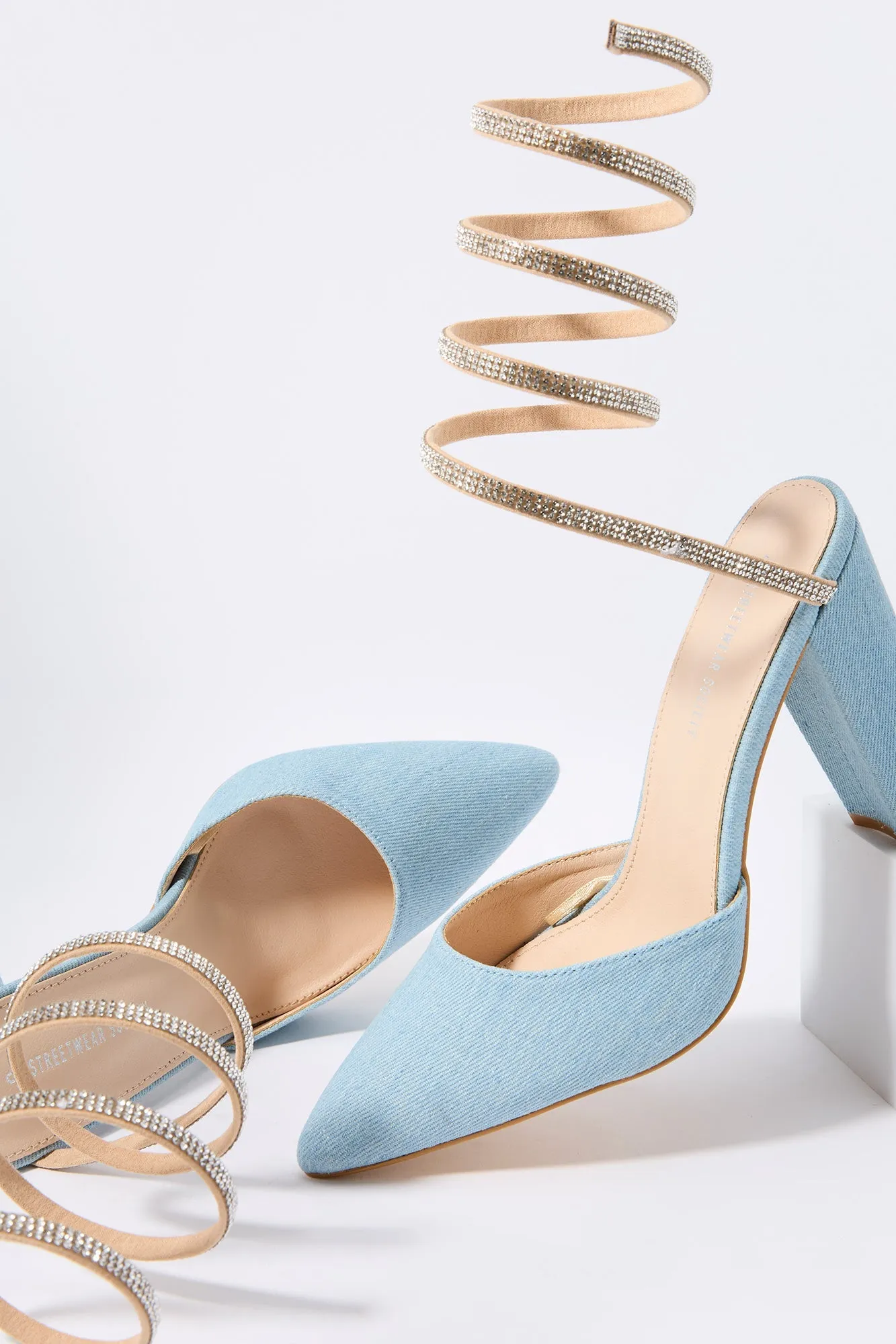 Rhinestone Wrap Up Denim Pointed Heel sold by Urban Planet