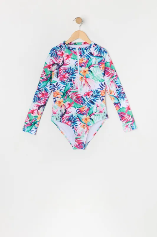 Girls Tropical Print One Piece Rashguard Swimsuit made by Urban Planet