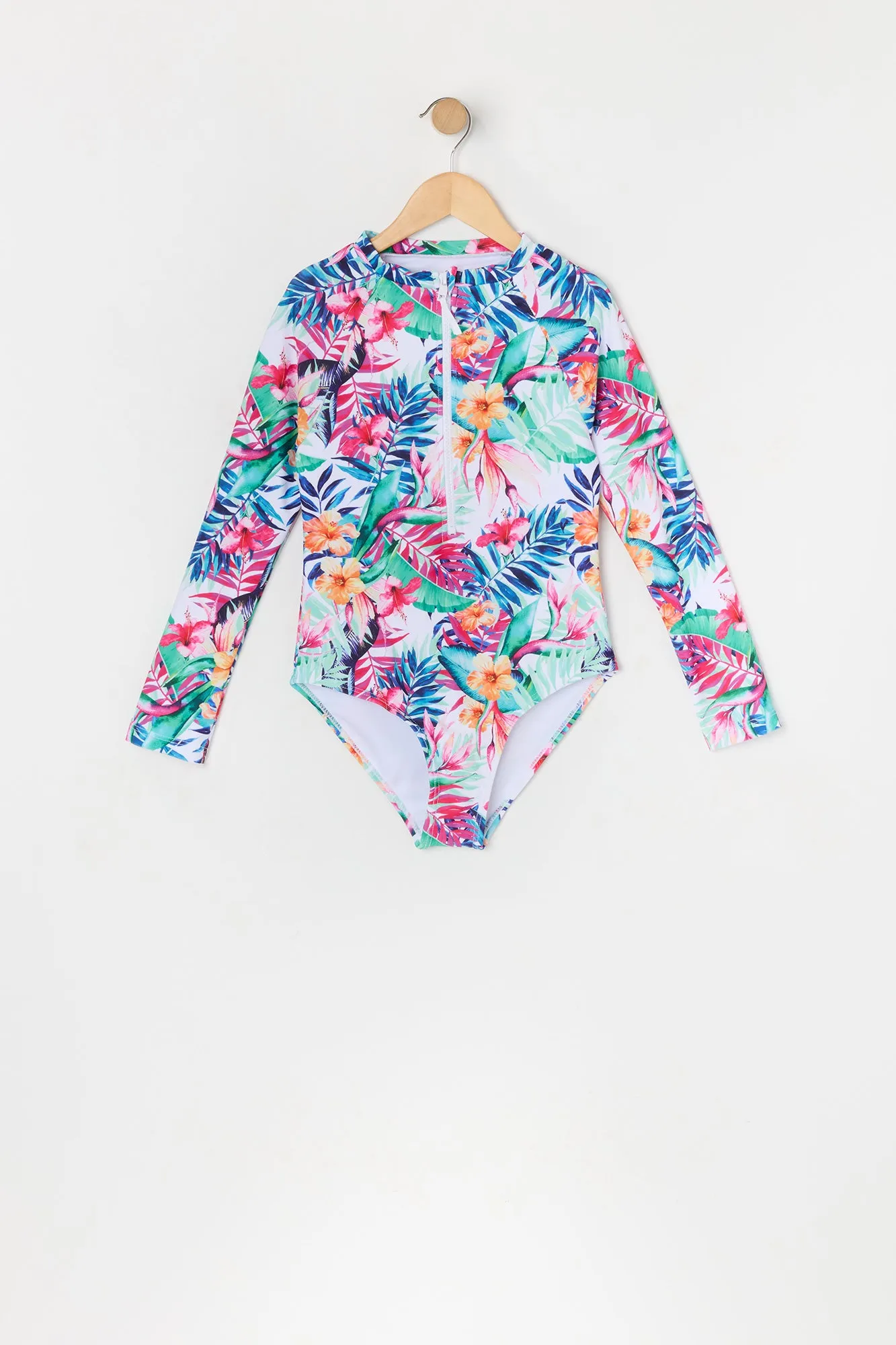 Girls Tropical Print One Piece Rashguard Swimsuit sold by Urban Planet