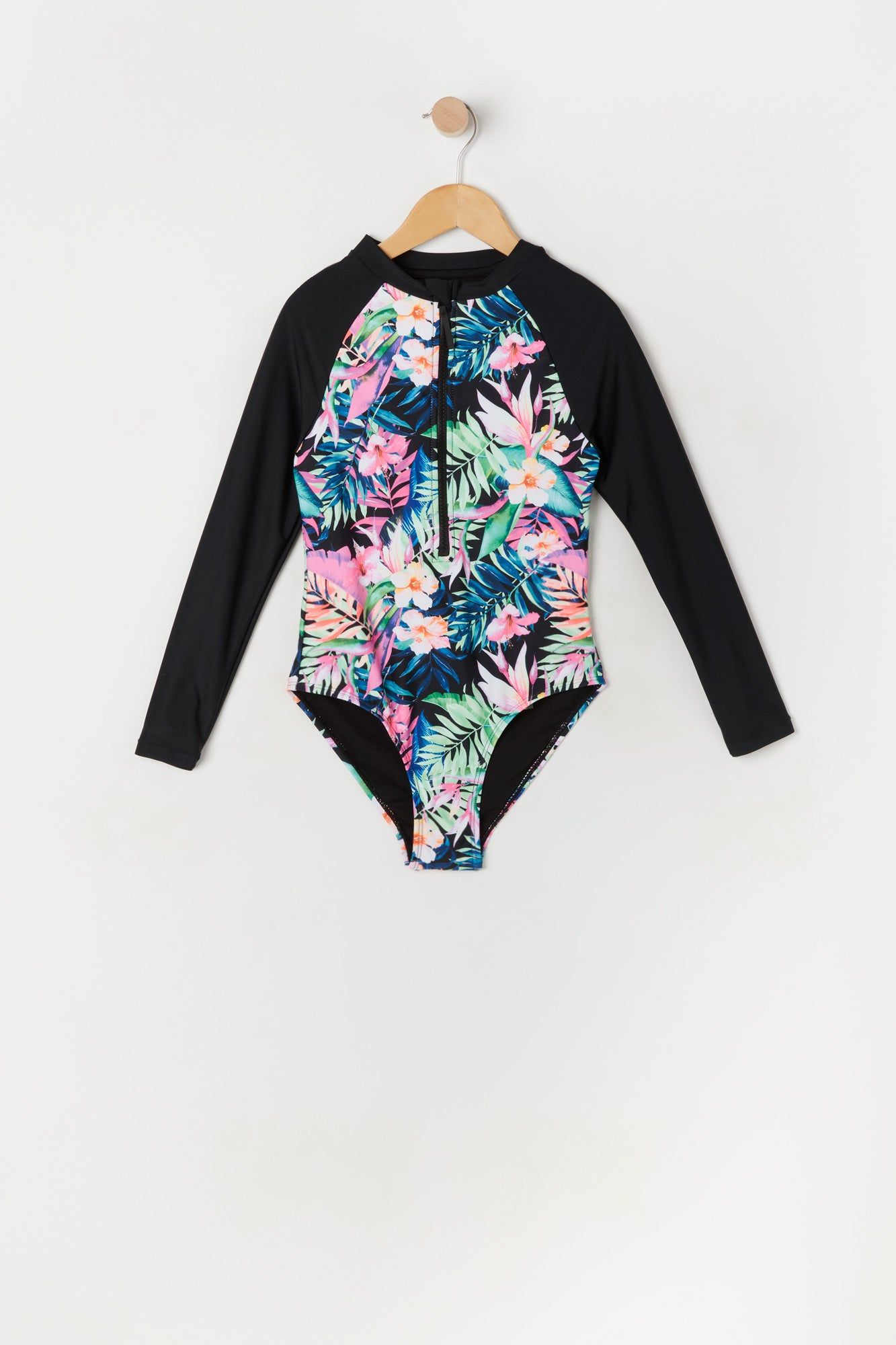Girls Tropical Print Front Zip Rashguard One Piece Swimsuit sold by Urban Planet