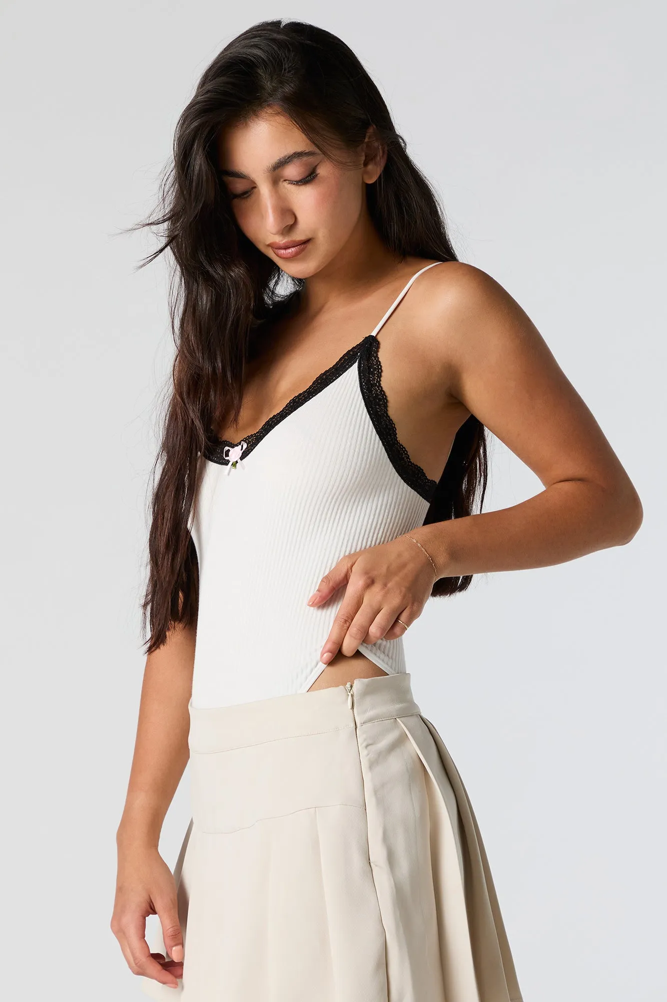 Seamless Ribbed V-Neck Lace Trim Bodysuit sold by Urban Planet product image thumbnail 2