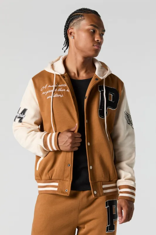 P Embroidered Fleece Varsity Jacket sold by Urban Planet
