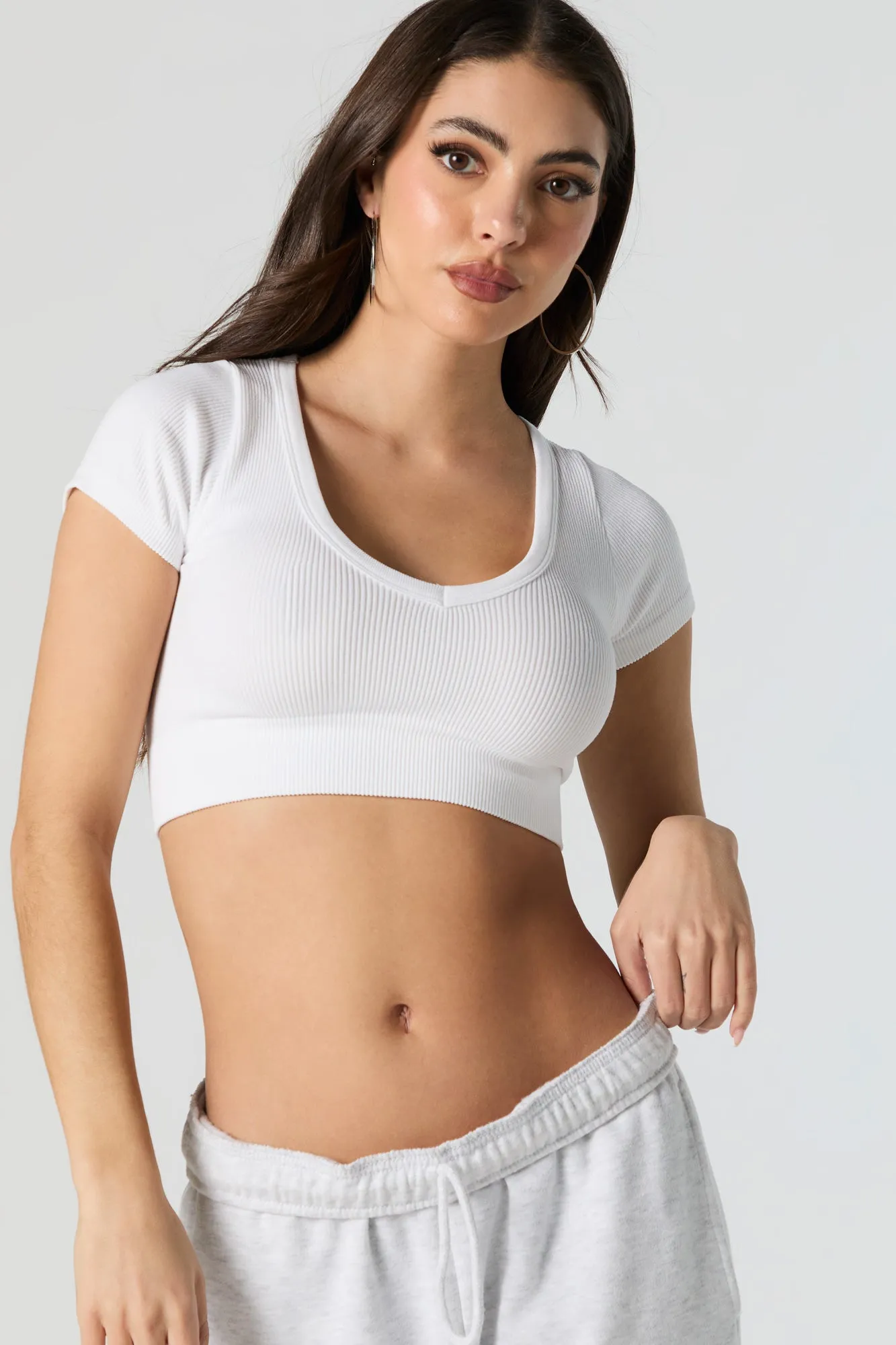 Seamless Ribbed V-Neck Ultra Cropped T-Shirt sold by Urban Planet