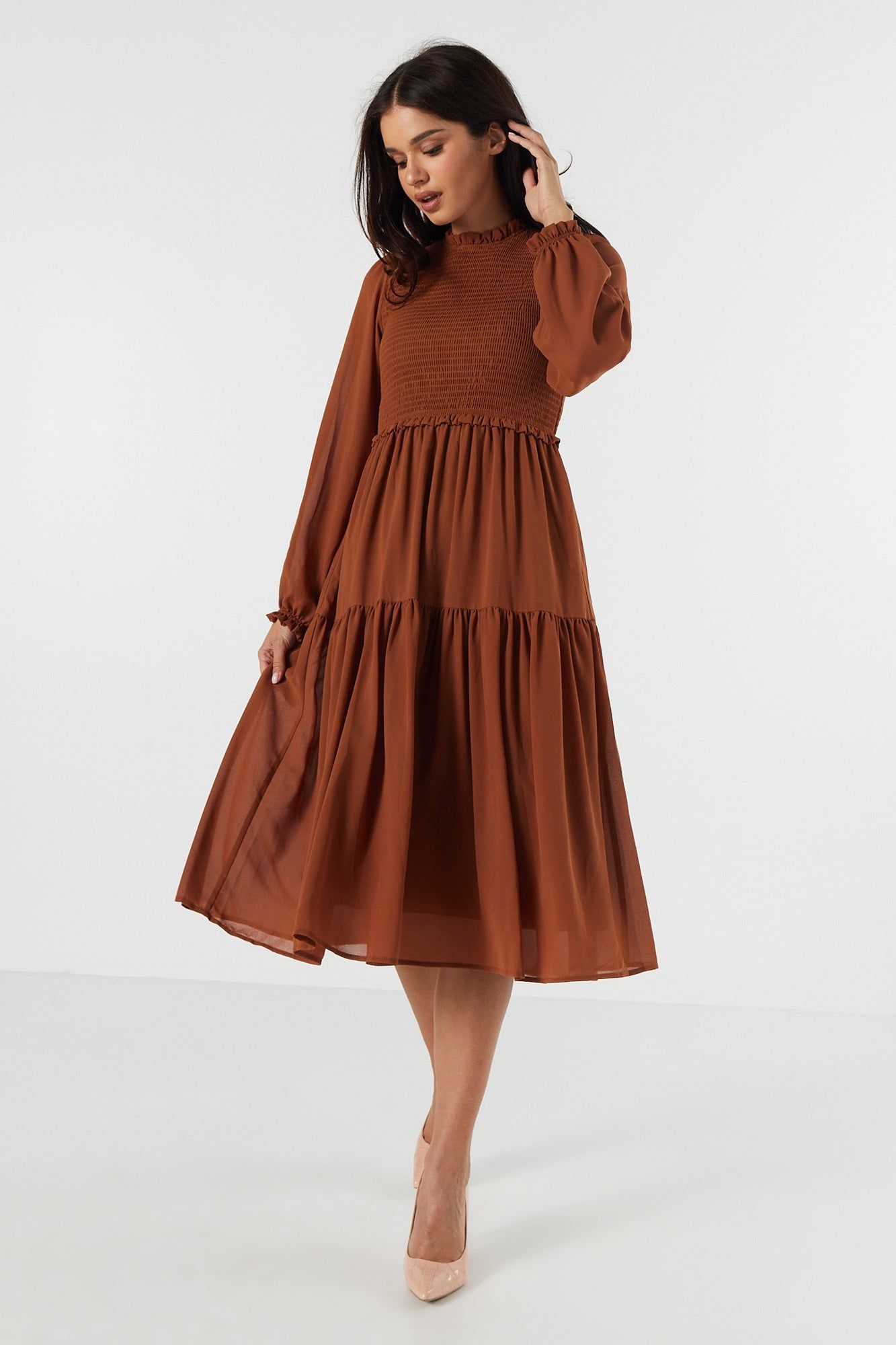 Smocked Tiered Long Sleeve Maxi Dress sold by Urban Planet