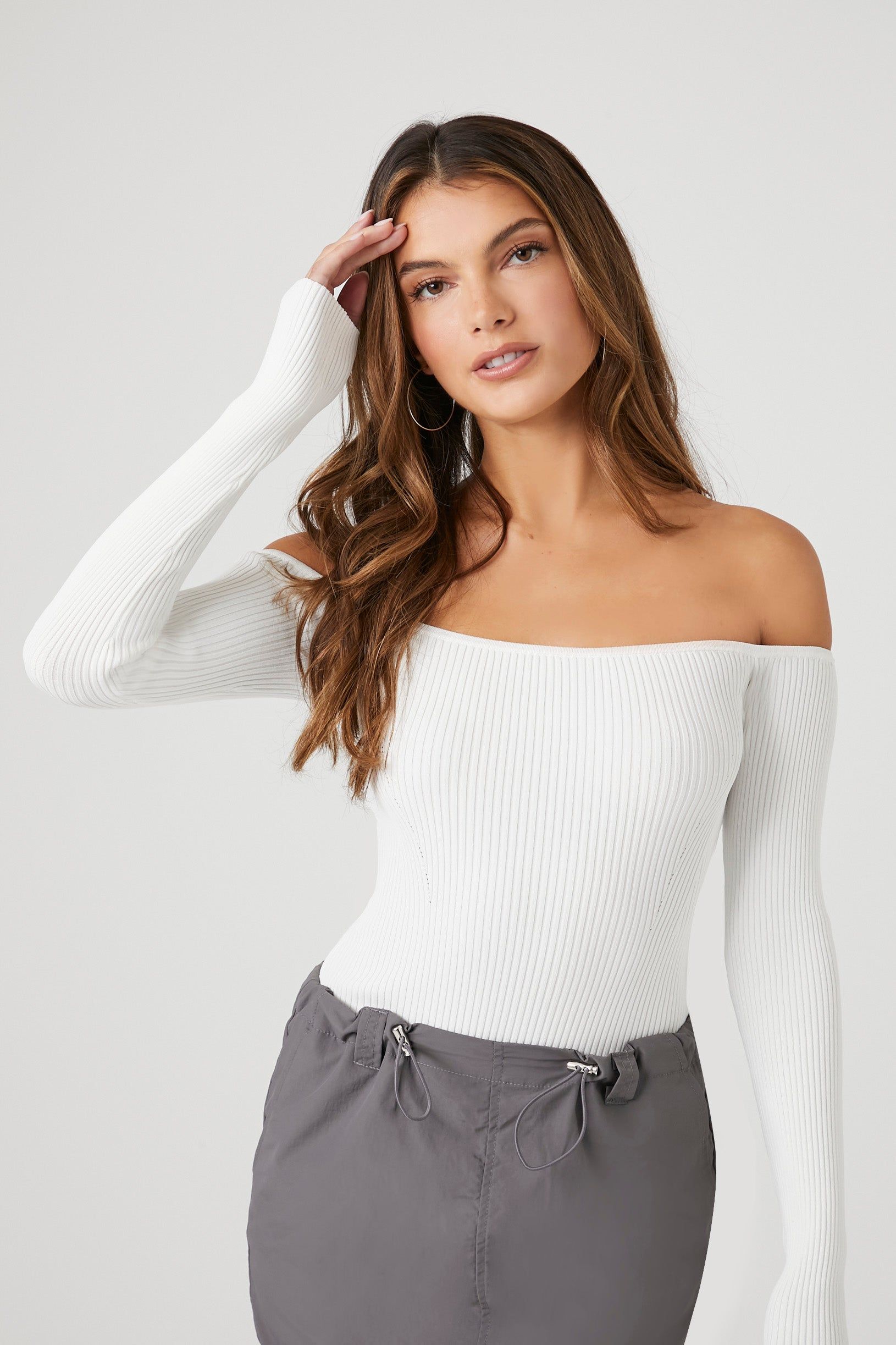 Knit Off Shoulder Bodysuit sold by Urban Planet