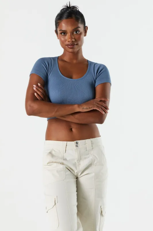 Solid Seamless Ribbed Round Neck Cropped T-Shirt sold by Urban Planet