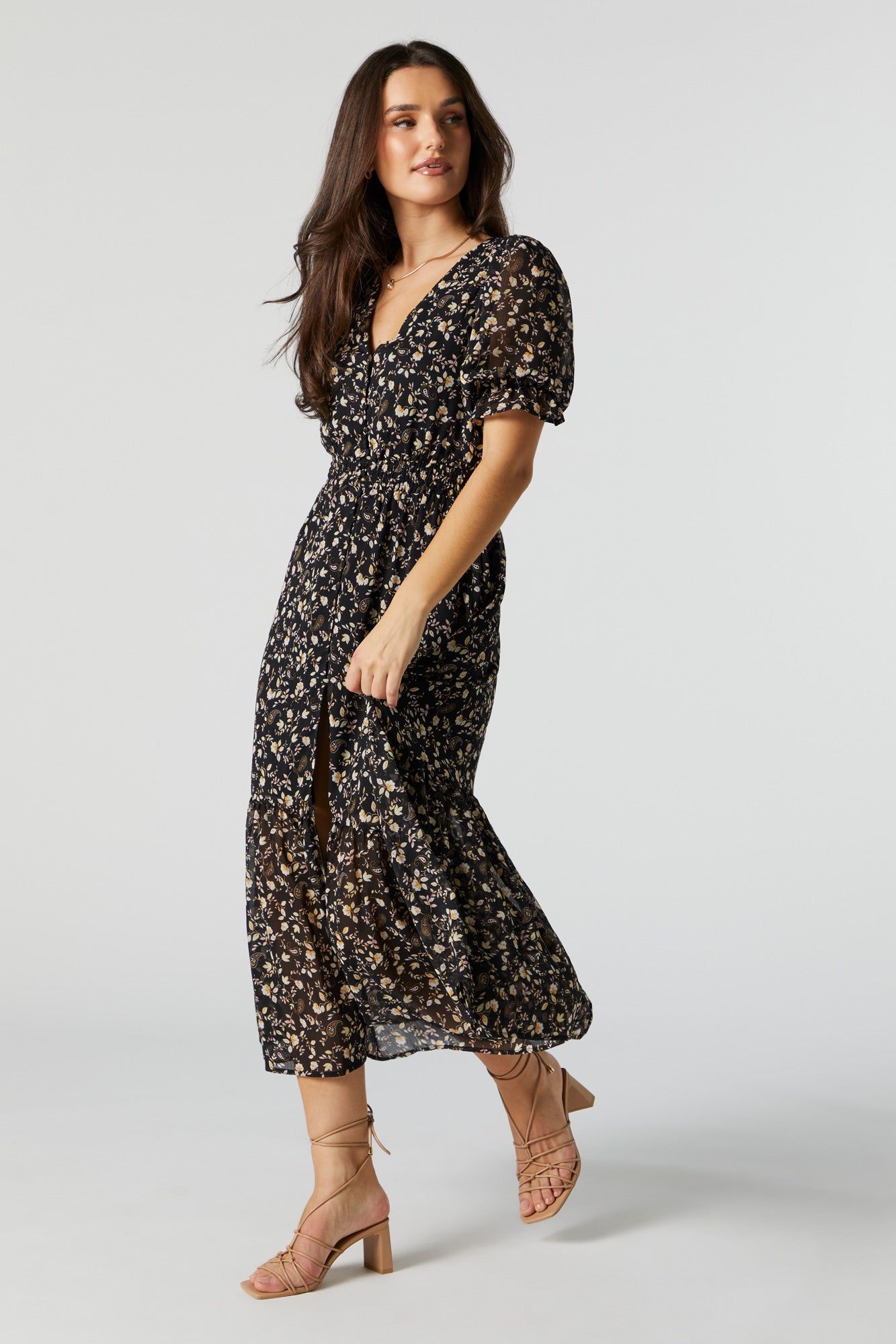 Floral Chiffon V-Neck Buttoned Midi Dress sold by Urban Planet product image thumbnail 3