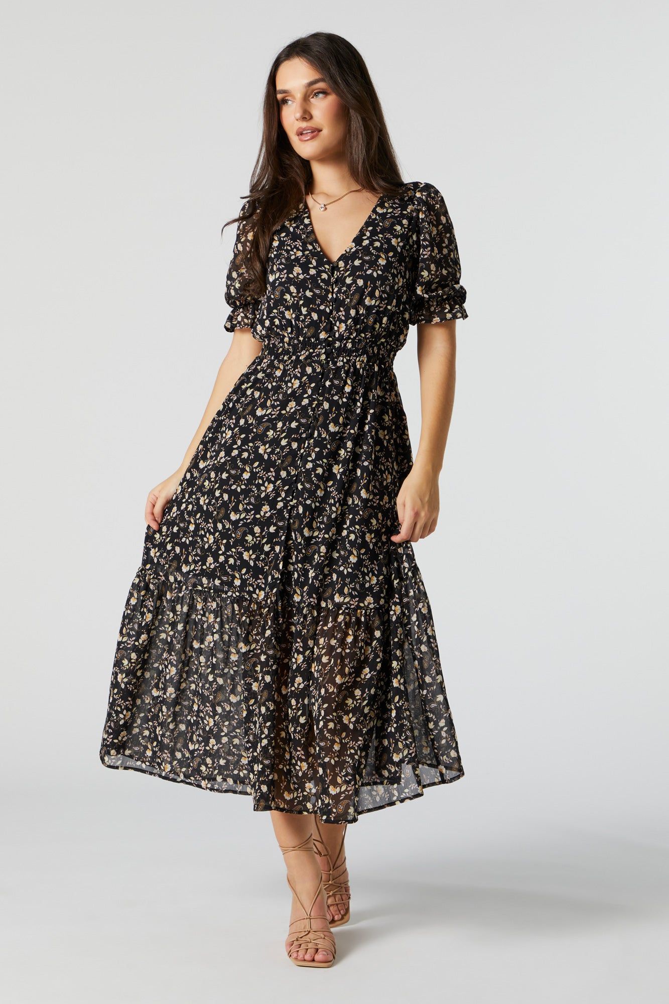 Floral Chiffon V-Neck Buttoned Midi Dress sold by Urban Planet