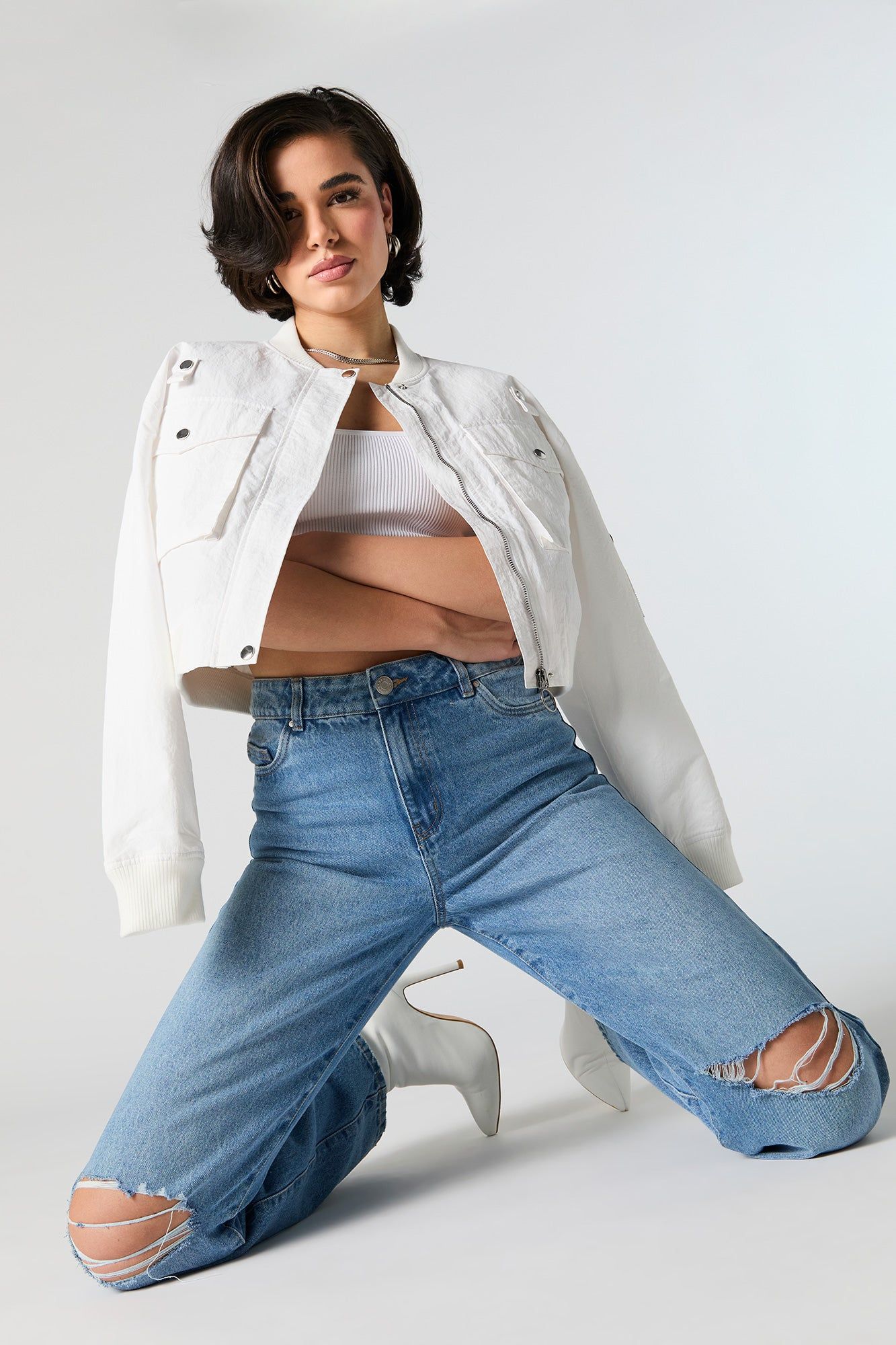 Nylon Cropped Bomber Jacket sold by Urban Planet