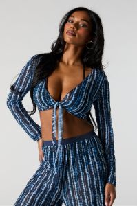 Printed Mesh Front Tie Long Sleeve Cover Up sold by Urban Planet