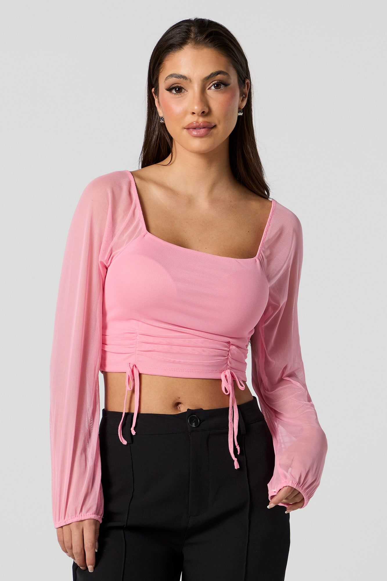 Mesh Drawstring Long Sleeve Crop Top sold by Urban Planet