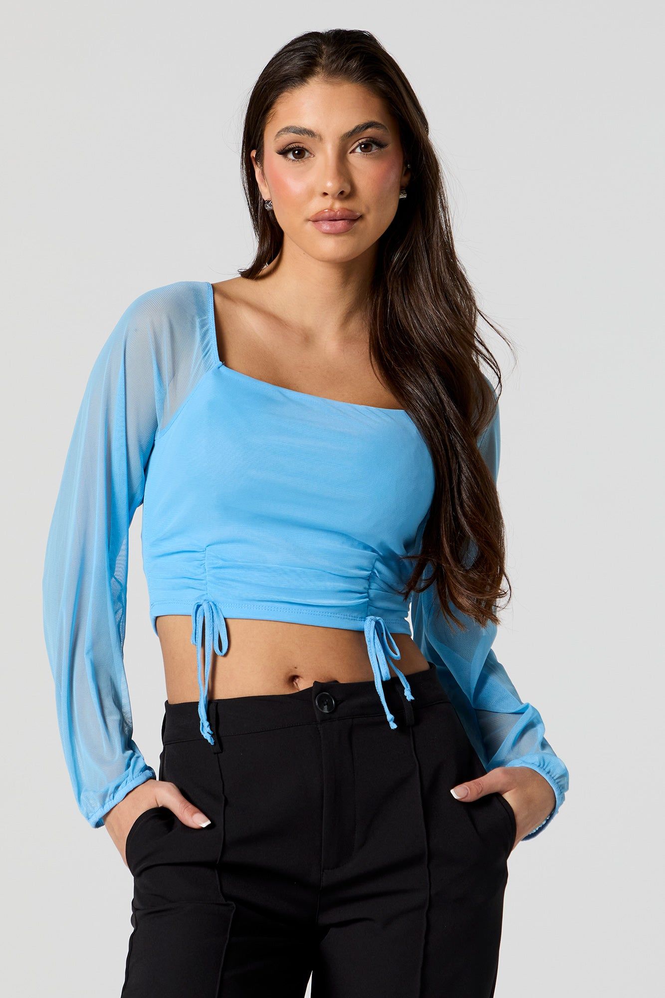 Mesh Drawstring Long Sleeve Crop Top sold by Urban Planet product image thumbnail 4
