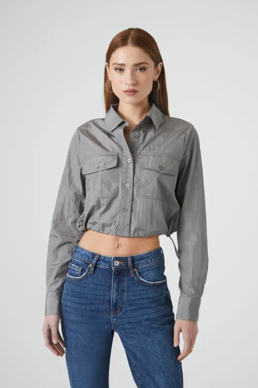 Toggle Hem Cropped Button-Up Top sold by Urban Planet