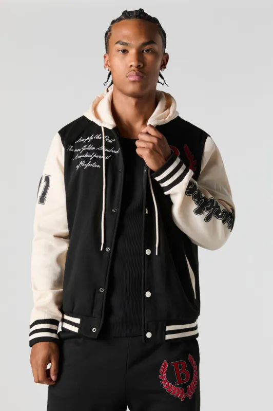 B Embroidered Fleece Varsity Jacket sold by Urban Planet