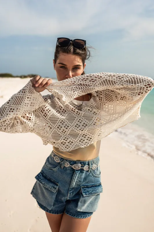 Crochet Cropped Long Sleeve Top sold by Urban Planet