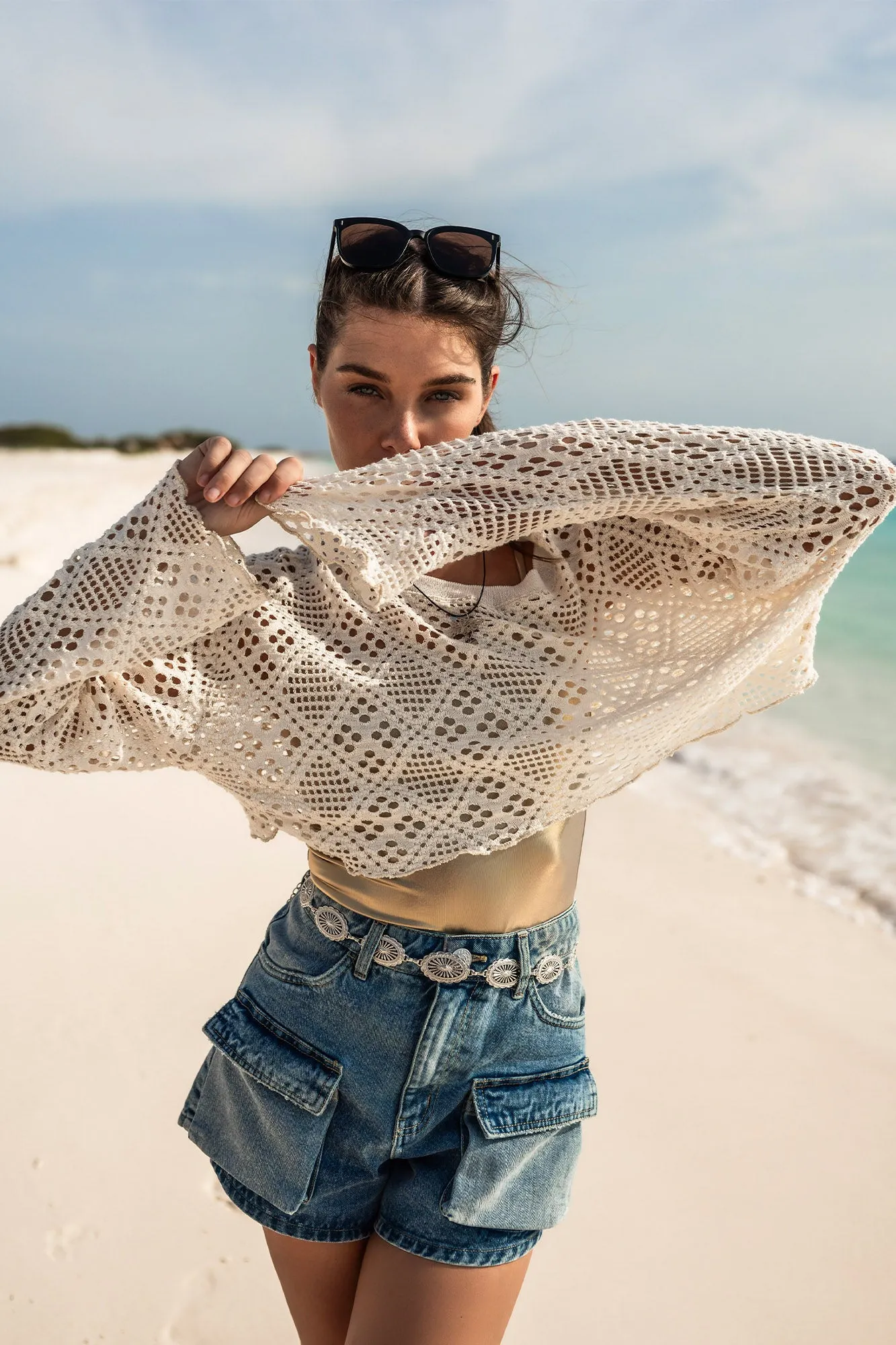 Crochet Cropped Long Sleeve Top sold by Urban Planet