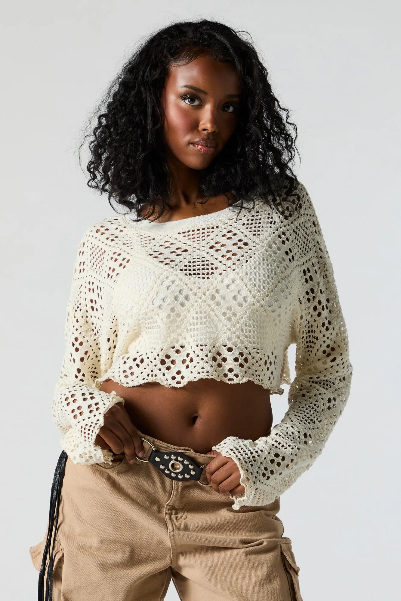 Crochet Cropped Long Sleeve Top sold by Urban Planet product image thumbnail 2