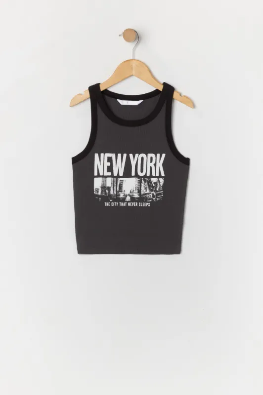 Girls New York Graphic Ribbed Ringer Tank sold by Urban Planet