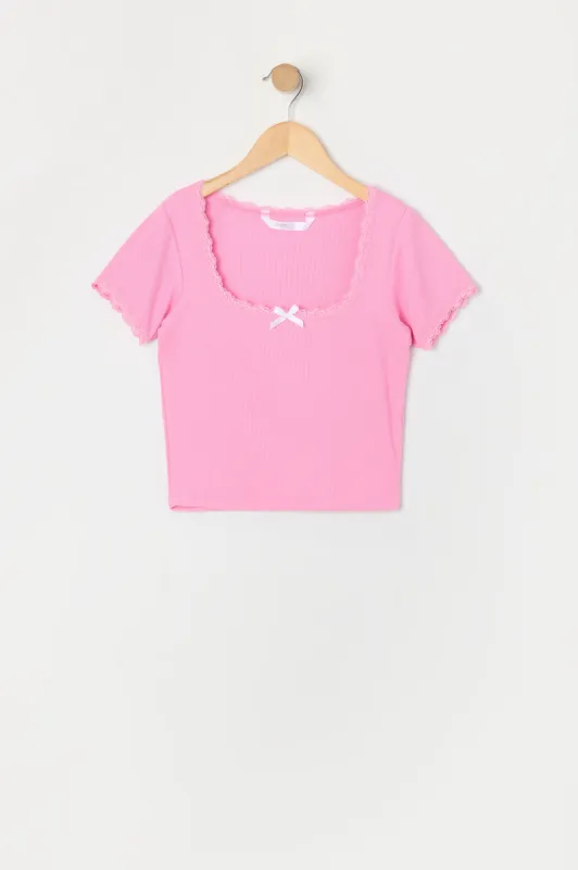 Girls Ribbed Lace Bow Trim T-Shirt sold by Urban Planet