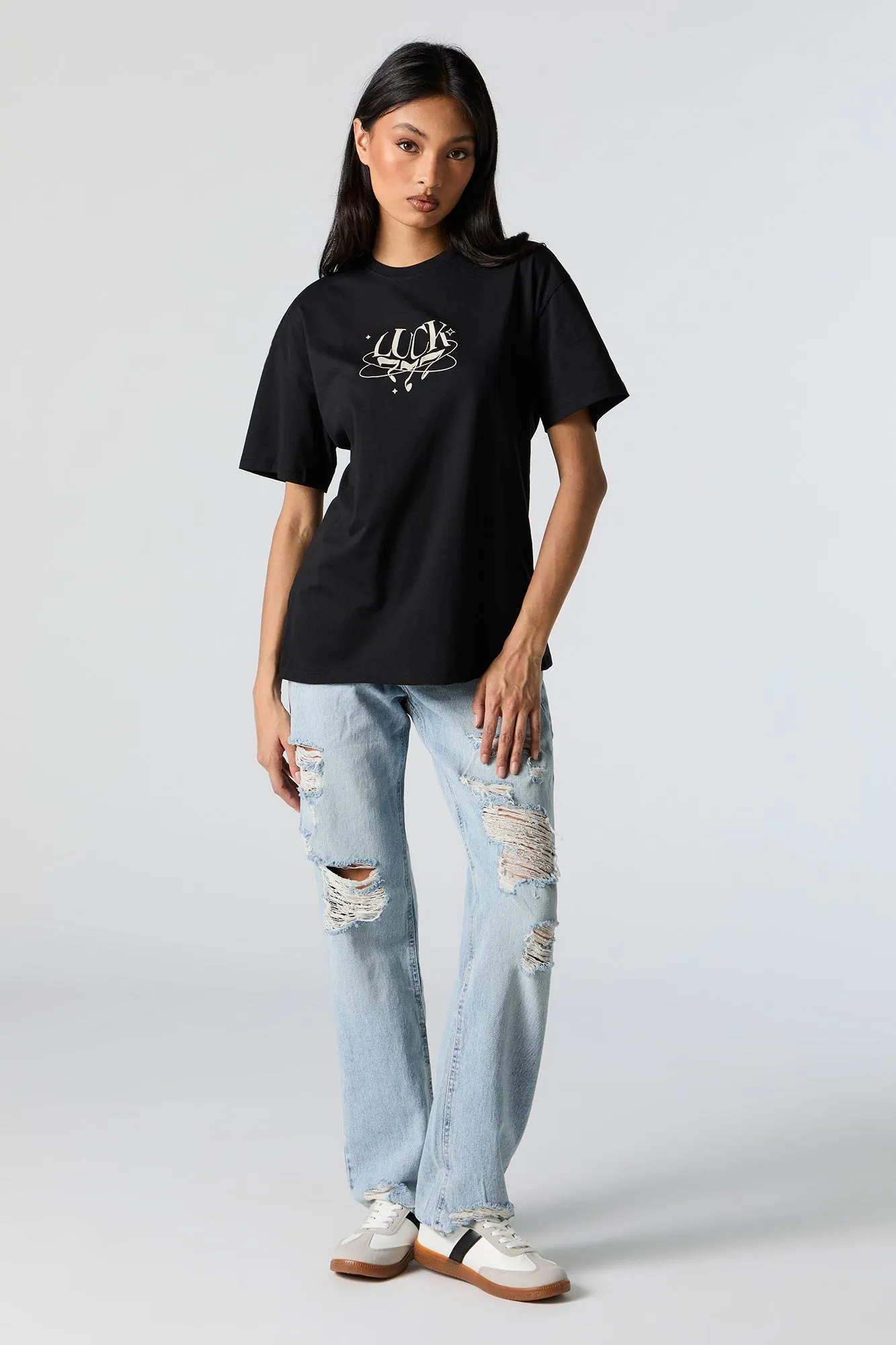 Light Wash High Rise Distressed Straight Leg Jean sold by Urban Planet product image thumbnail 2