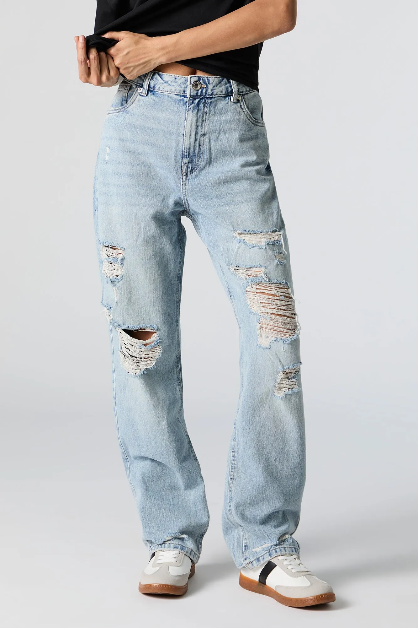 Light Wash High Rise Distressed Straight Leg Jean sold by Urban Planet product image thumbnail 3