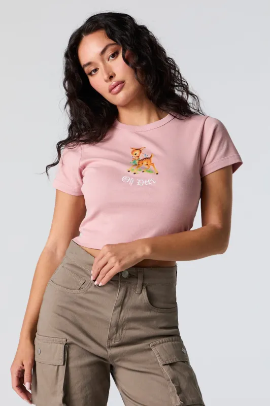 T-shirt ultracourt avec motif brodé Oh Deer sold by Urban Planet