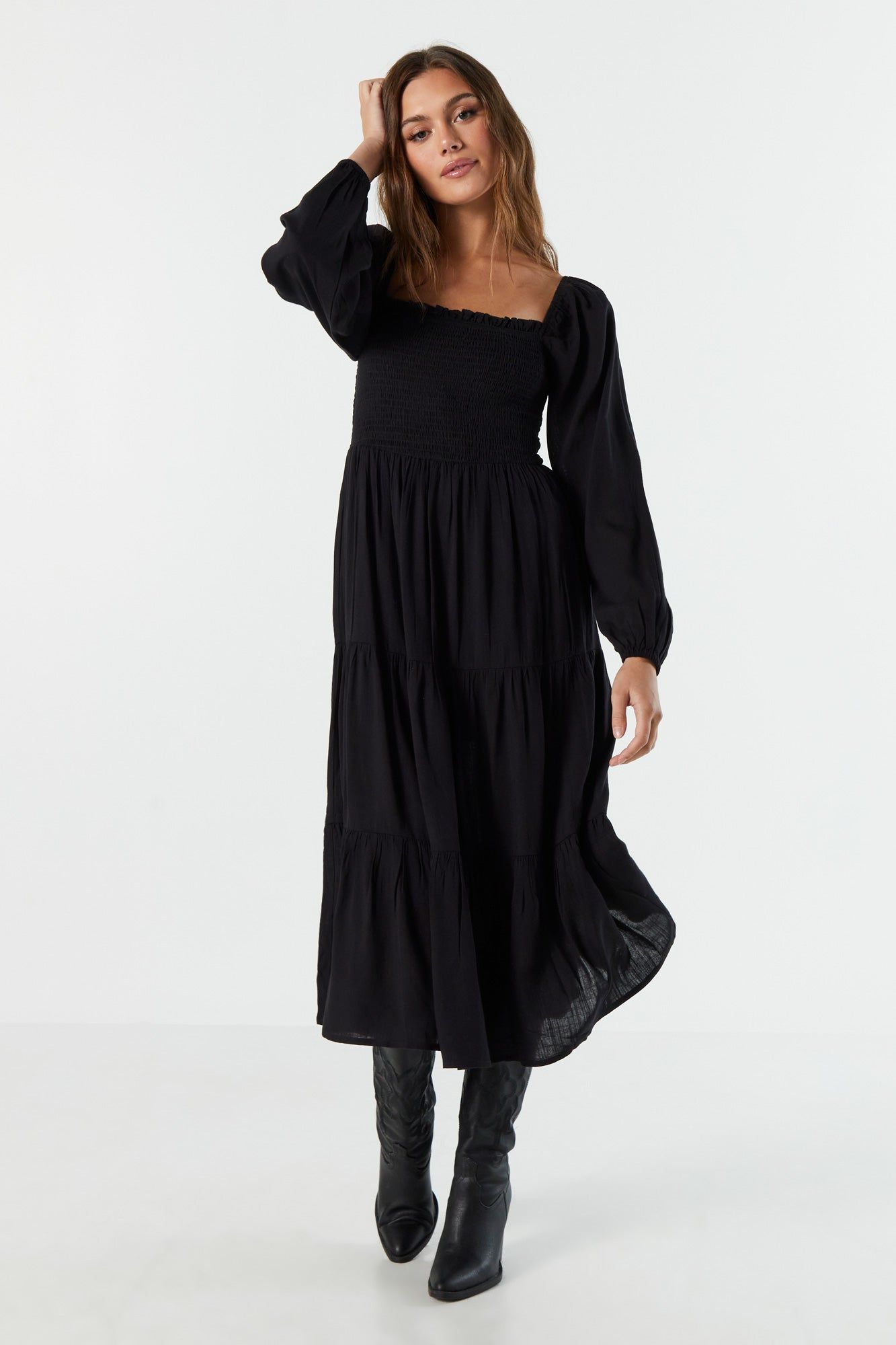Smocked Long Sleeve Midi Dress sold by Urban Planet