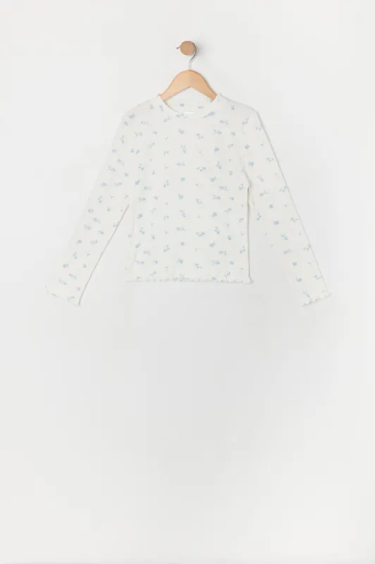 Girls Floral Ribbed Lettuce Trim Long Sleeve Top sold by Urban Planet