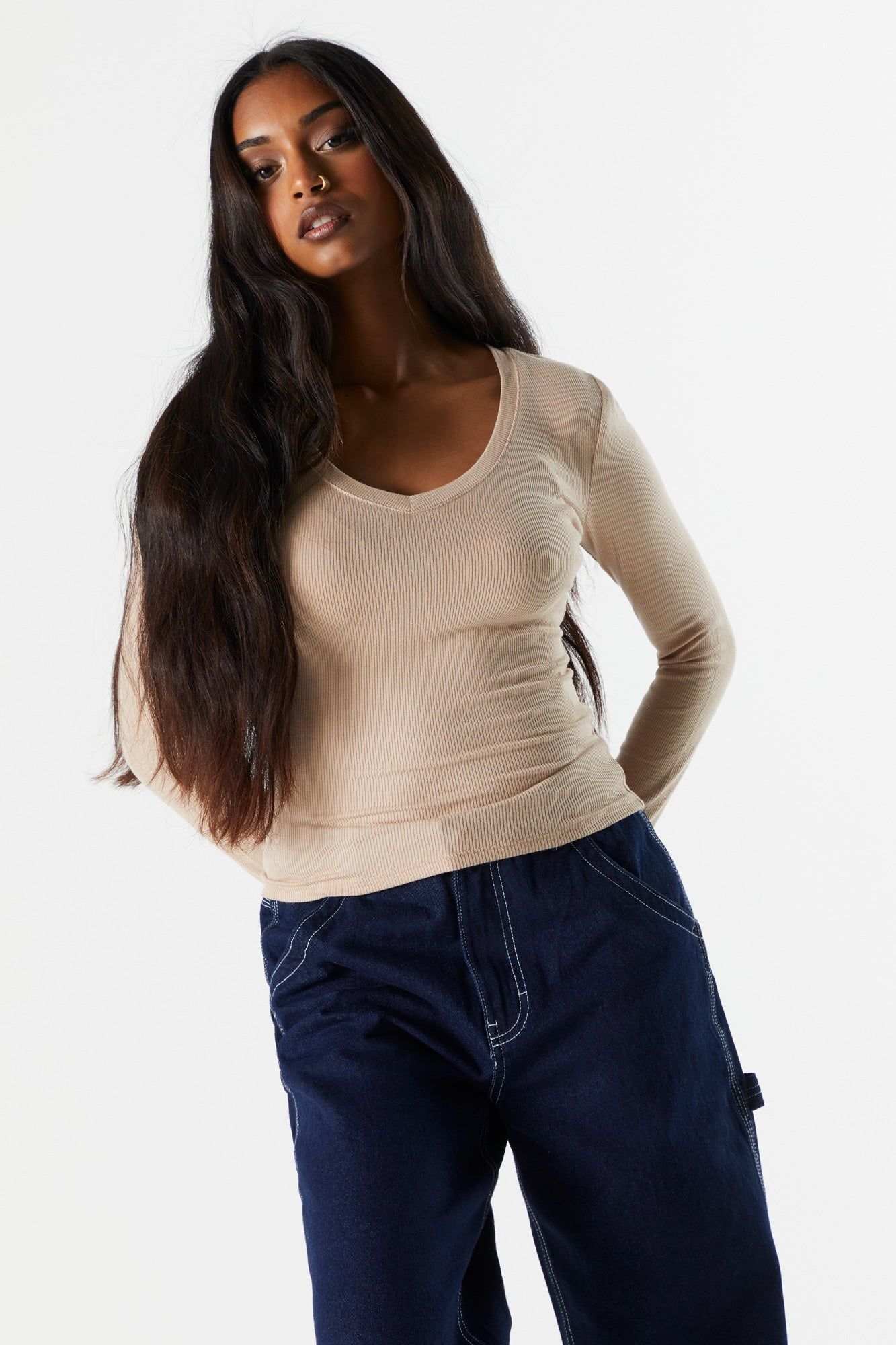Basic Ribbed V-Neck Long Sleeve Top sold by Urban Planet product image thumbnail 13