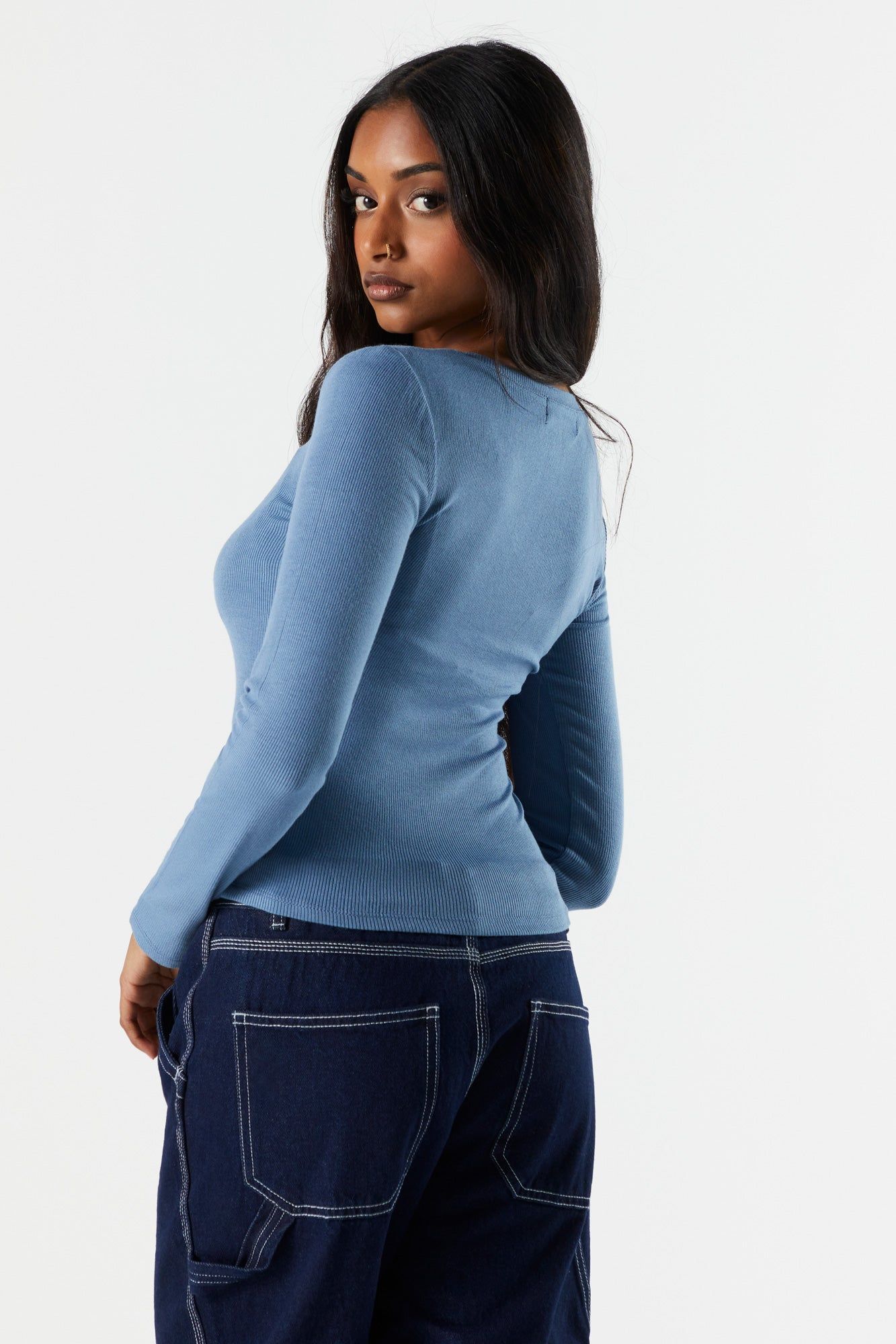 Basic Ribbed V-Neck Long Sleeve Top sold by Urban Planet product image thumbnail 2