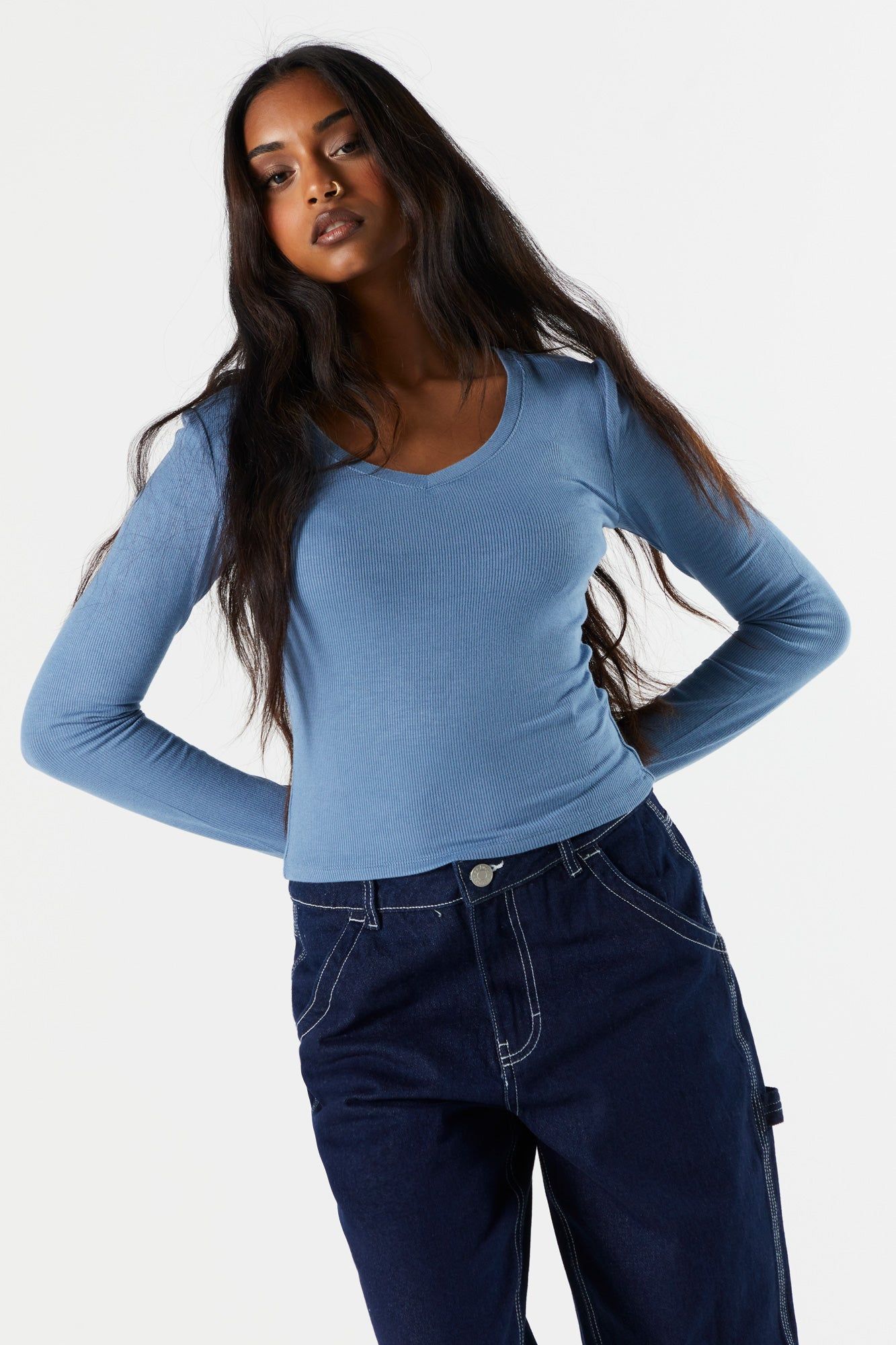 Basic Ribbed V-Neck Long Sleeve Top sold by Urban Planet