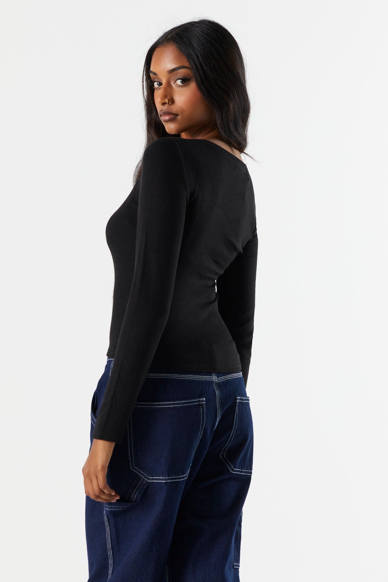 Basic Ribbed V-Neck Long Sleeve Top sold by Urban Planet product image thumbnail 5