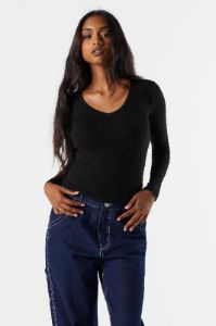Basic Ribbed V-Neck Long Sleeve Top sold by Urban Planet