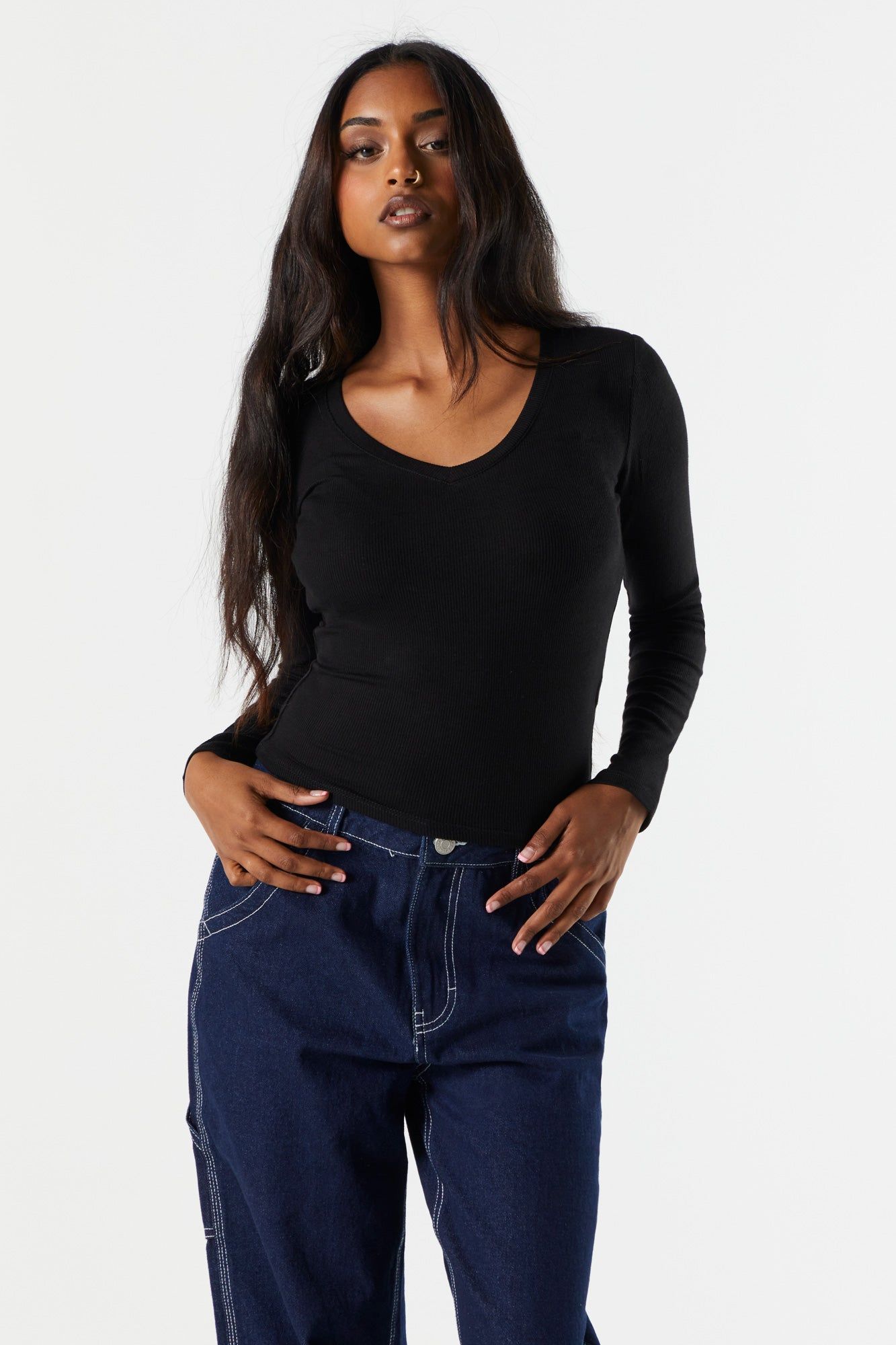 Basic Ribbed V-Neck Long Sleeve Top sold by Urban Planet product image thumbnail 4