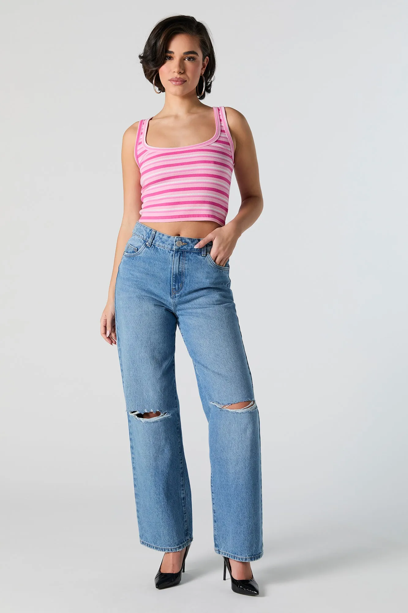 Striped Ribbed Square Neck Cropped Tank sold by Urban Planet product image thumbnail 3