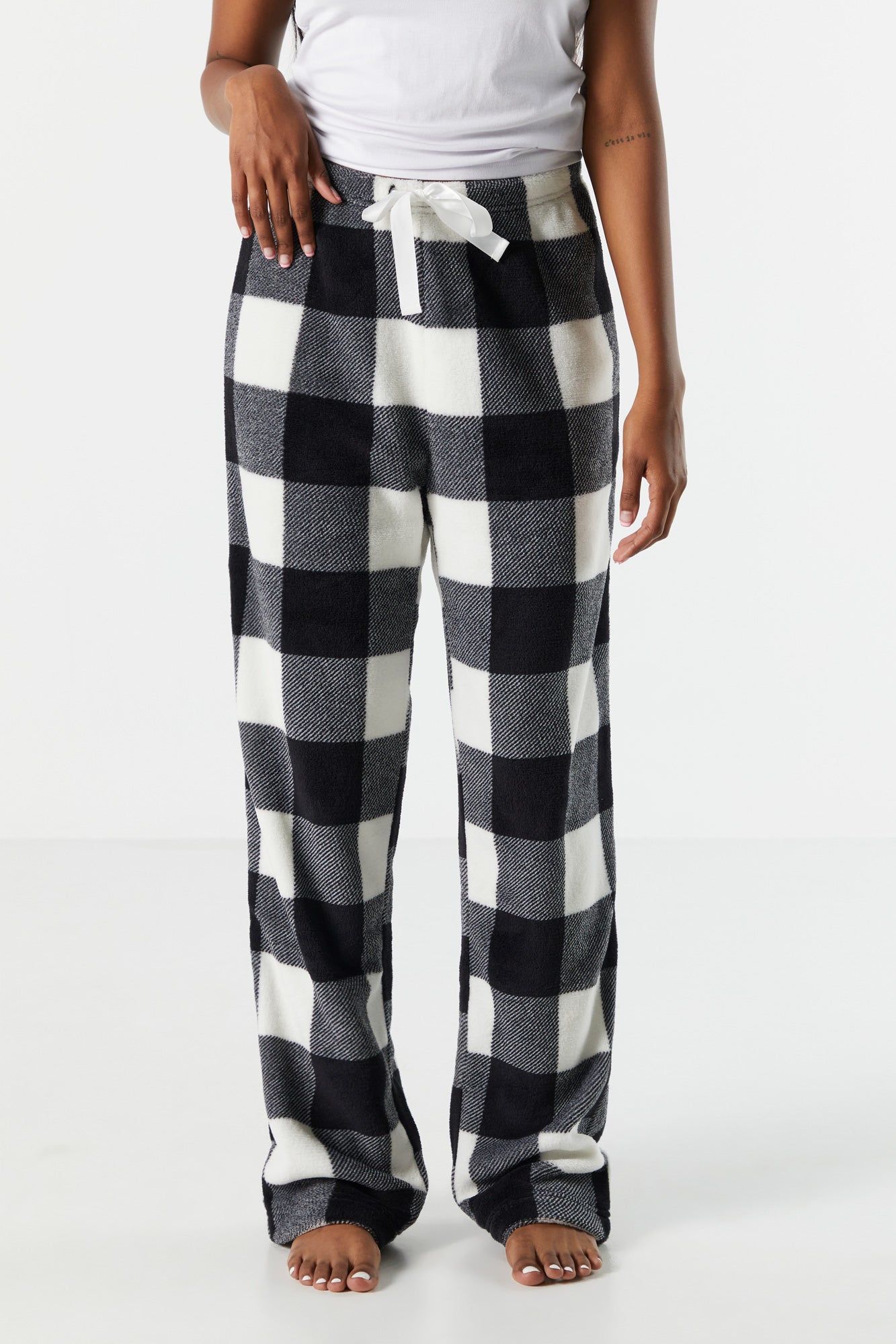 Black and White Plaid Print Plush Pajama Pant sold by Urban Planet product image thumbnail 2