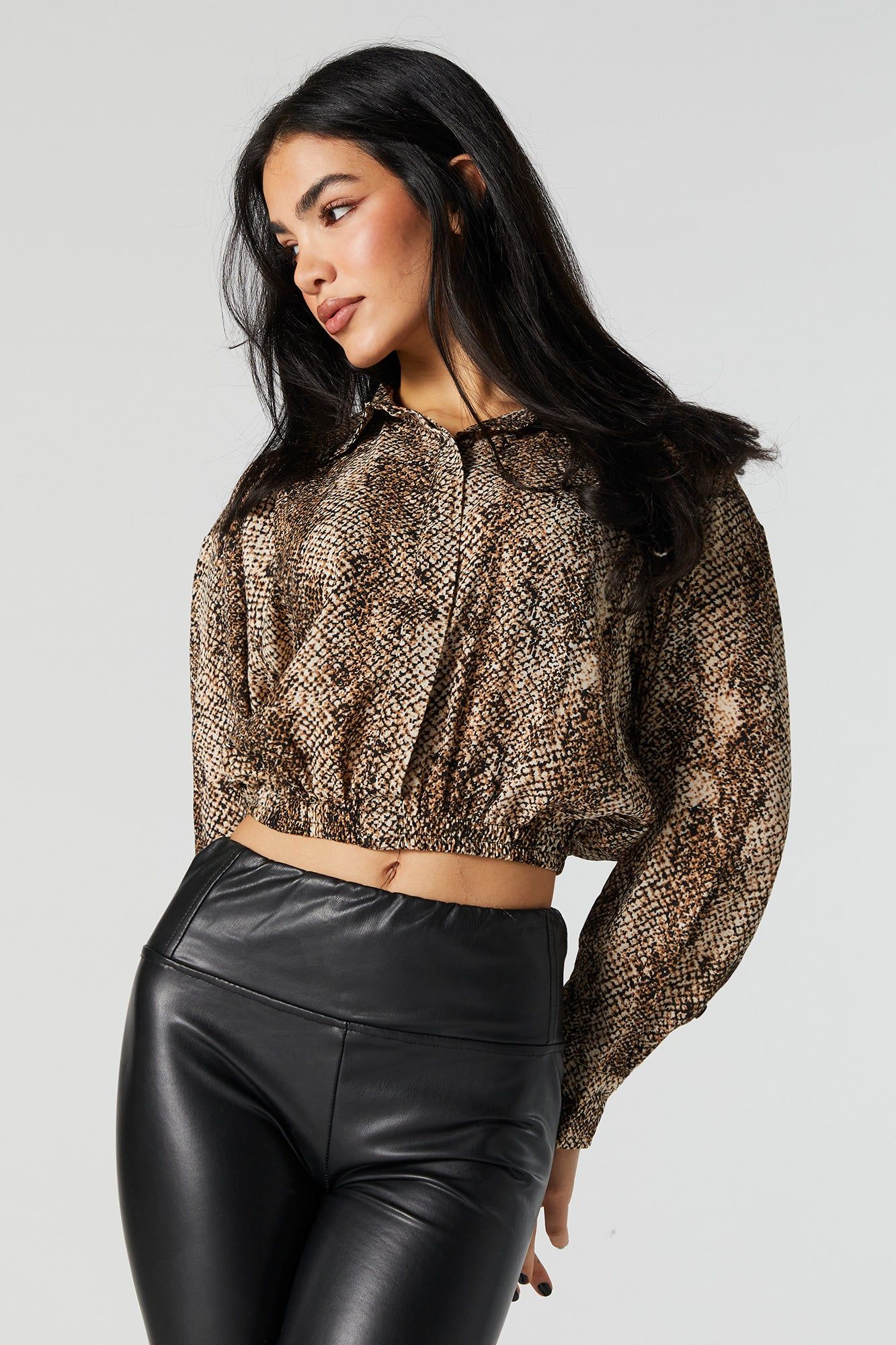 Snakeskin Button Down Cinched Long Sleeve Top sold by Urban Planet