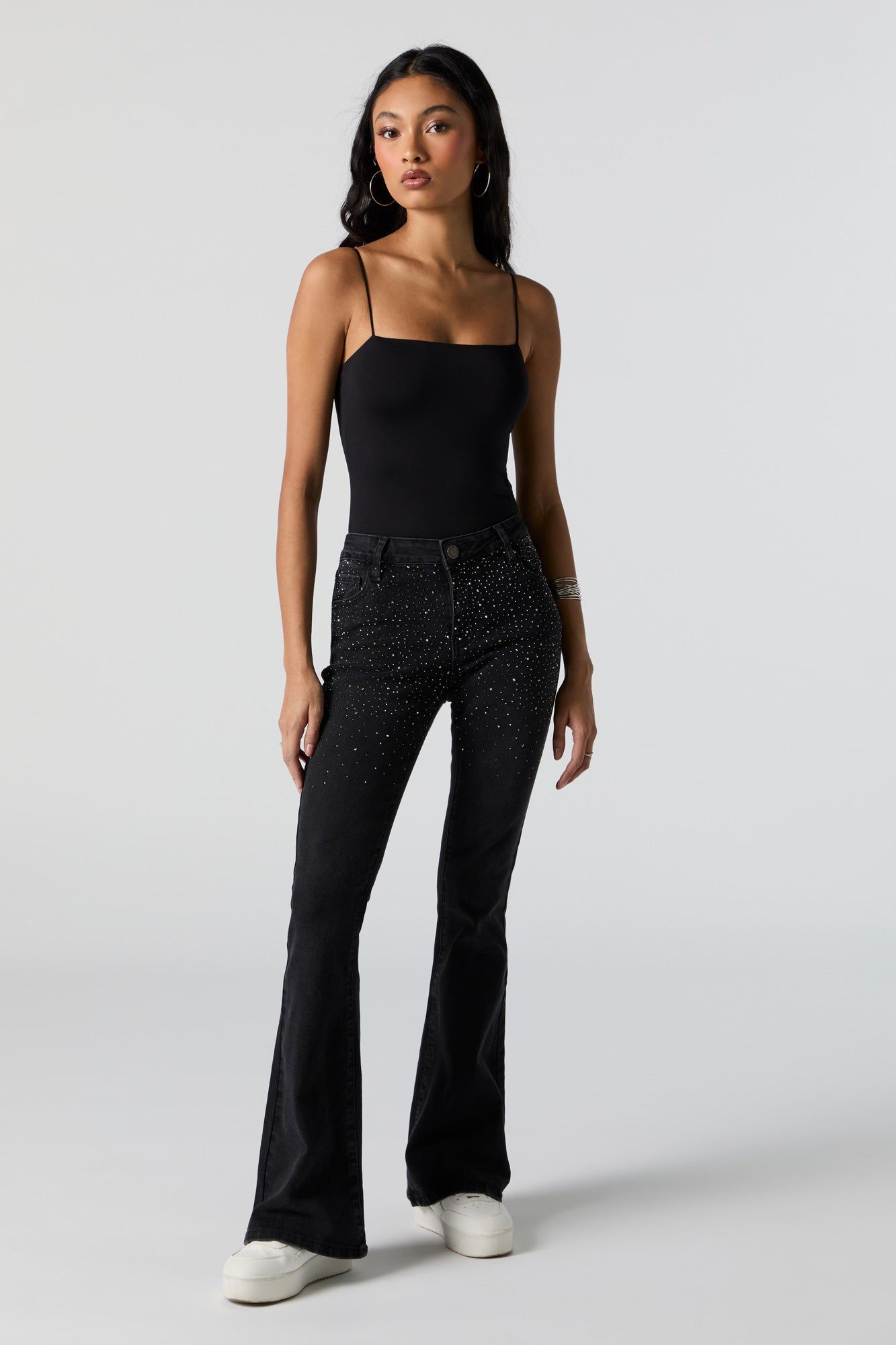 Black Wash Rhinestone Flare Jean sold by Urban Planet