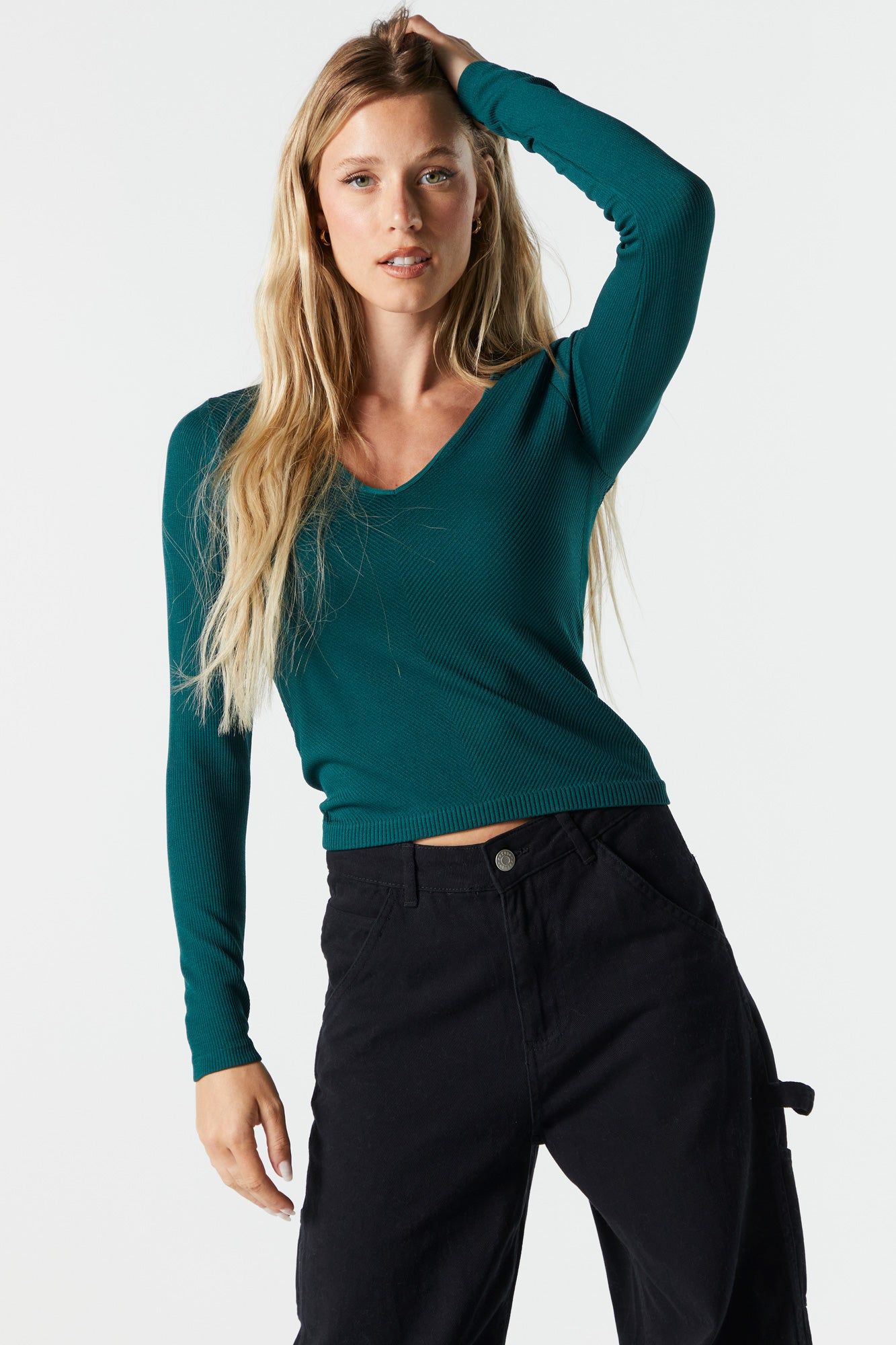 Seamless Ribbed V-Neck Long Sleeve Top sold by Urban Planet product image thumbnail 4
