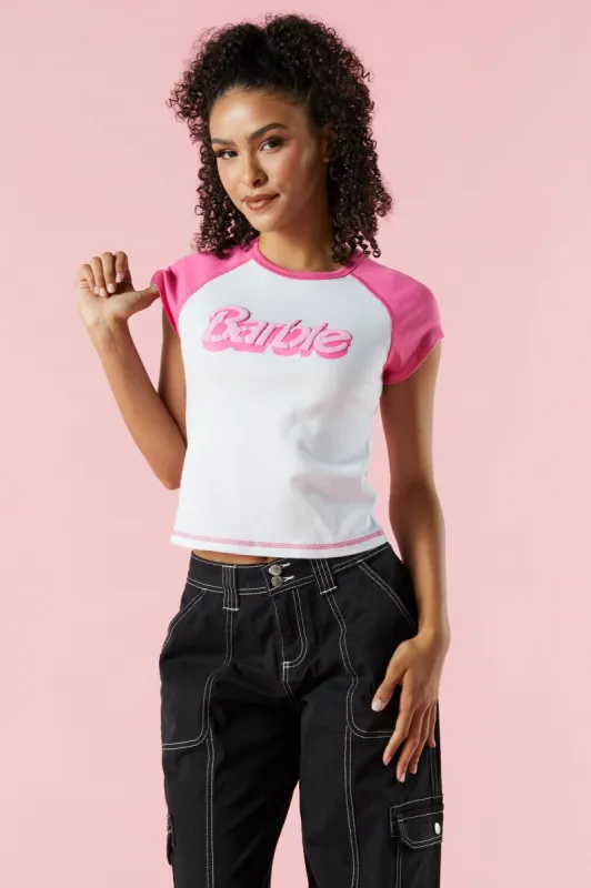 Barbie™ White and Pink Cropped Raglan T-Shirt sold by Urban Planet