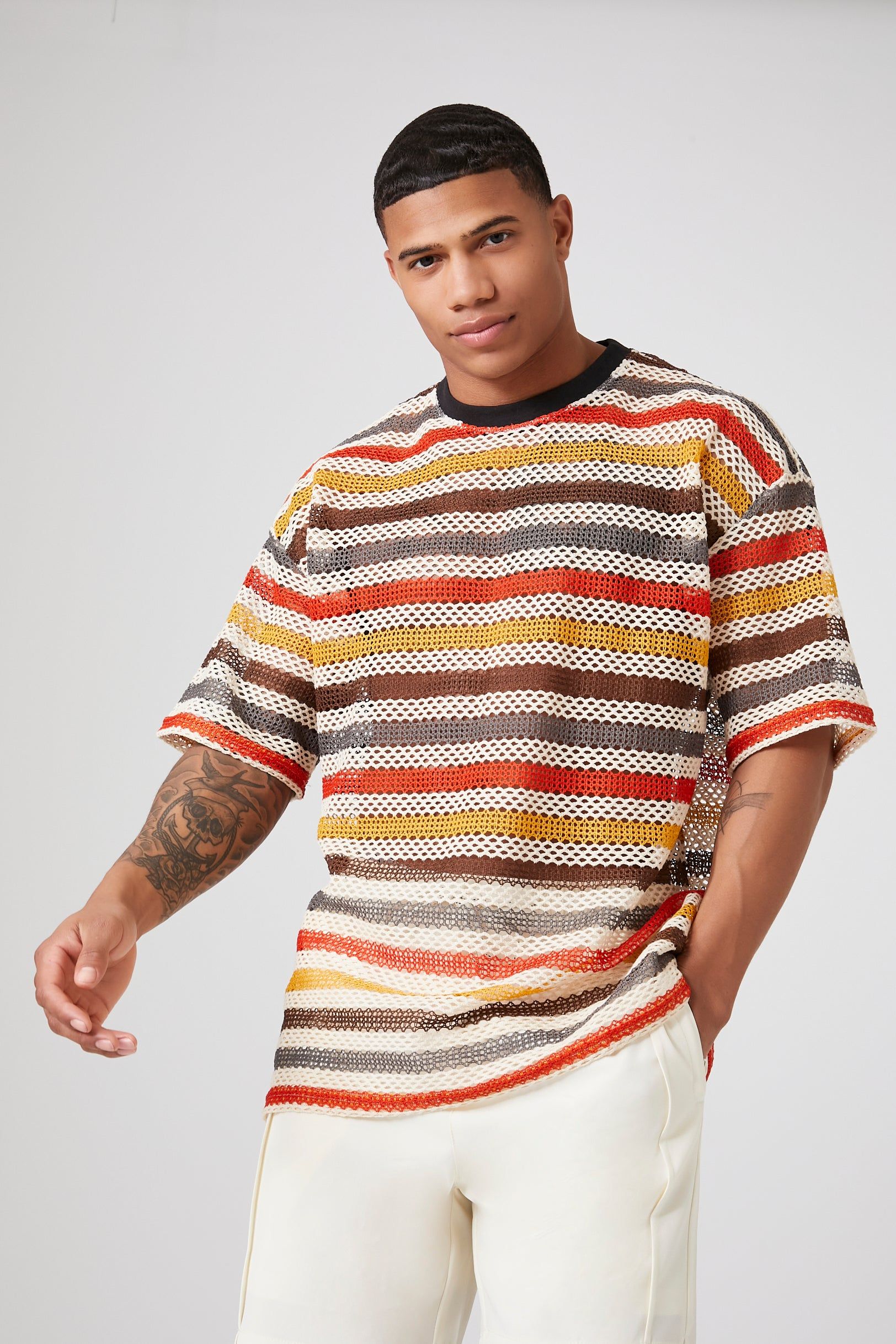 Sheer Striped Mesh Netted T-Shirt sold by Urban Planet
