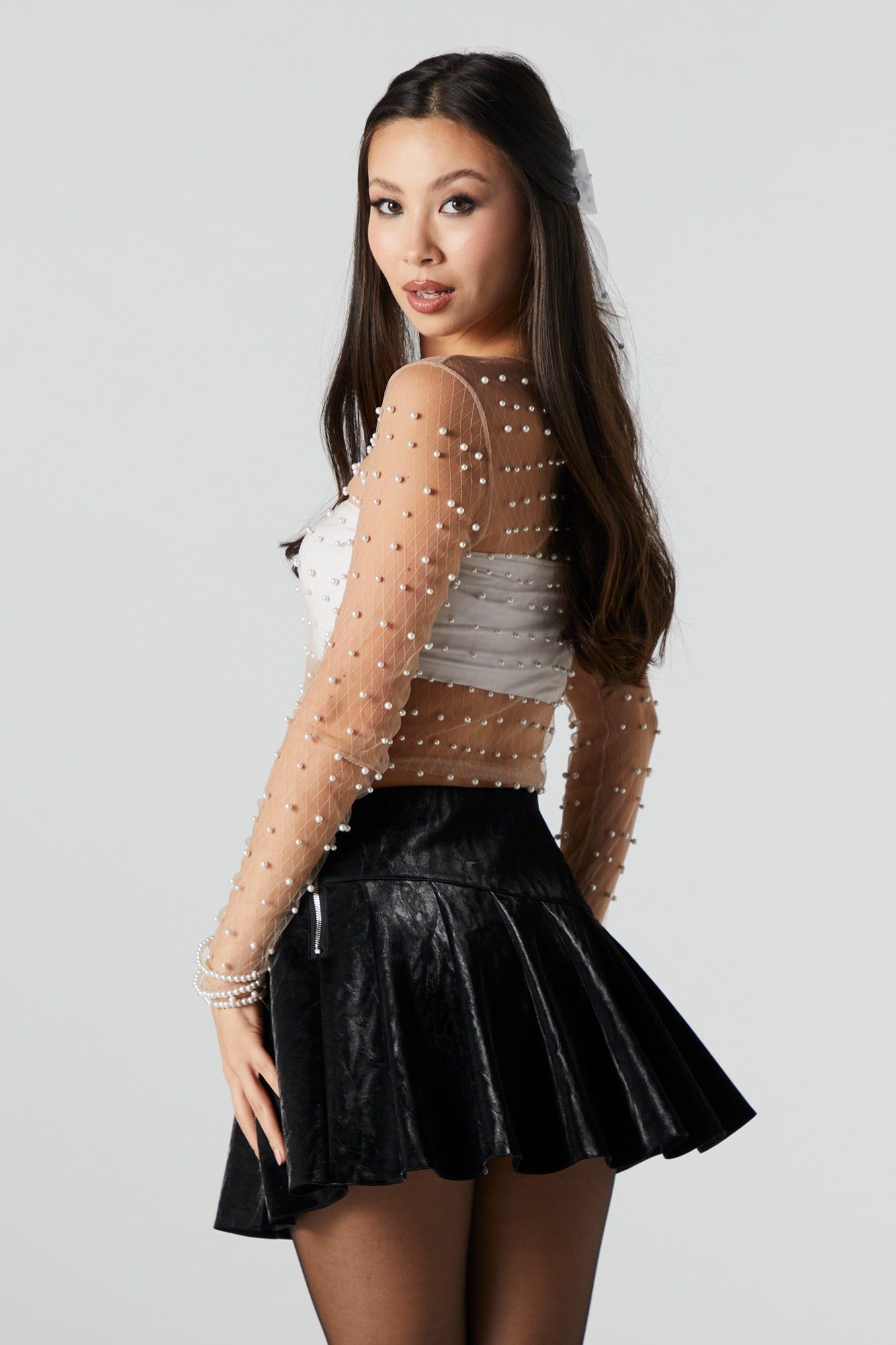 Pink Mesh Pearl Long Sleeve Top sold by Urban Planet product image thumbnail 3