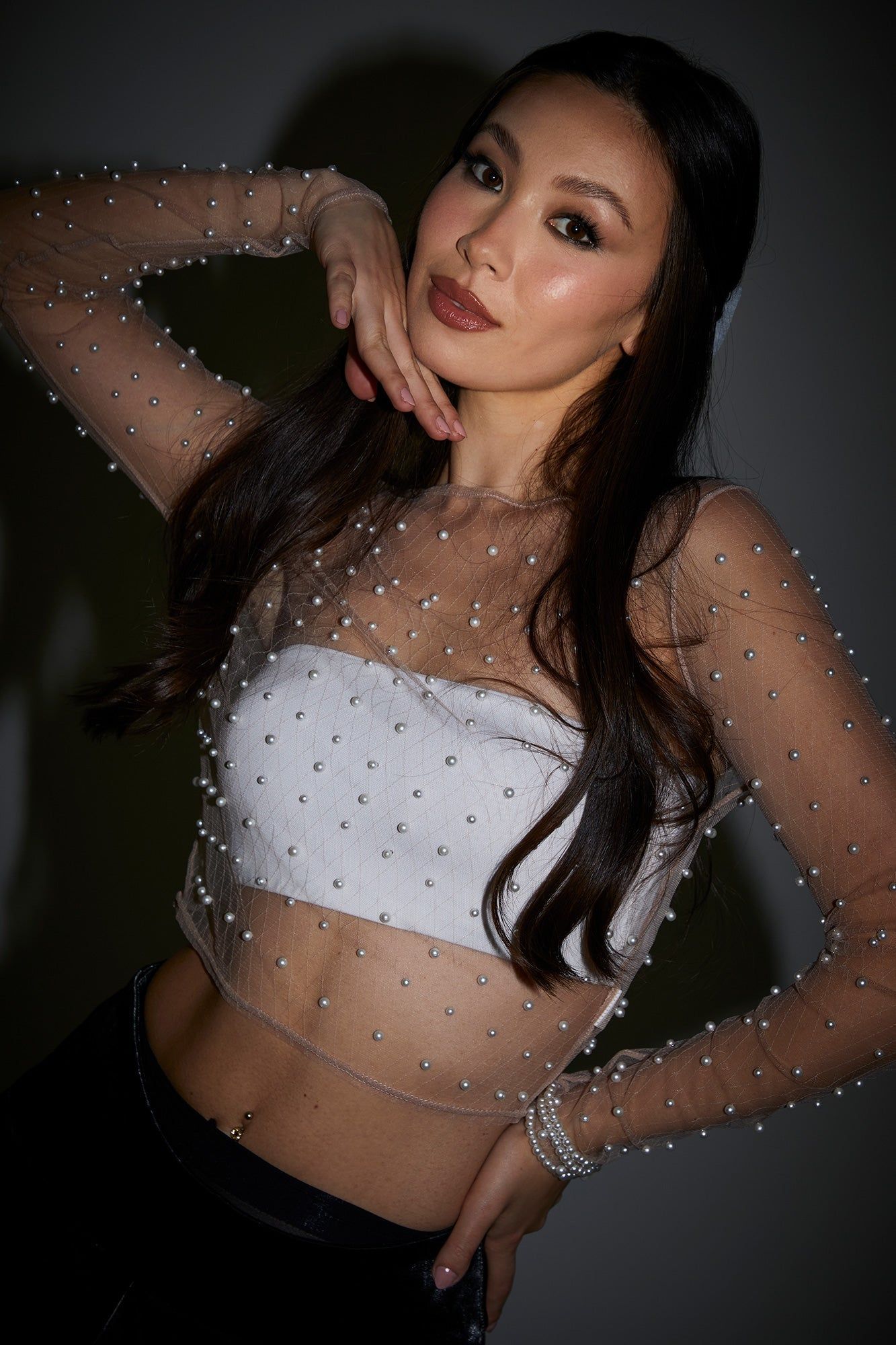 Pink Mesh Pearl Long Sleeve Top sold by Urban Planet