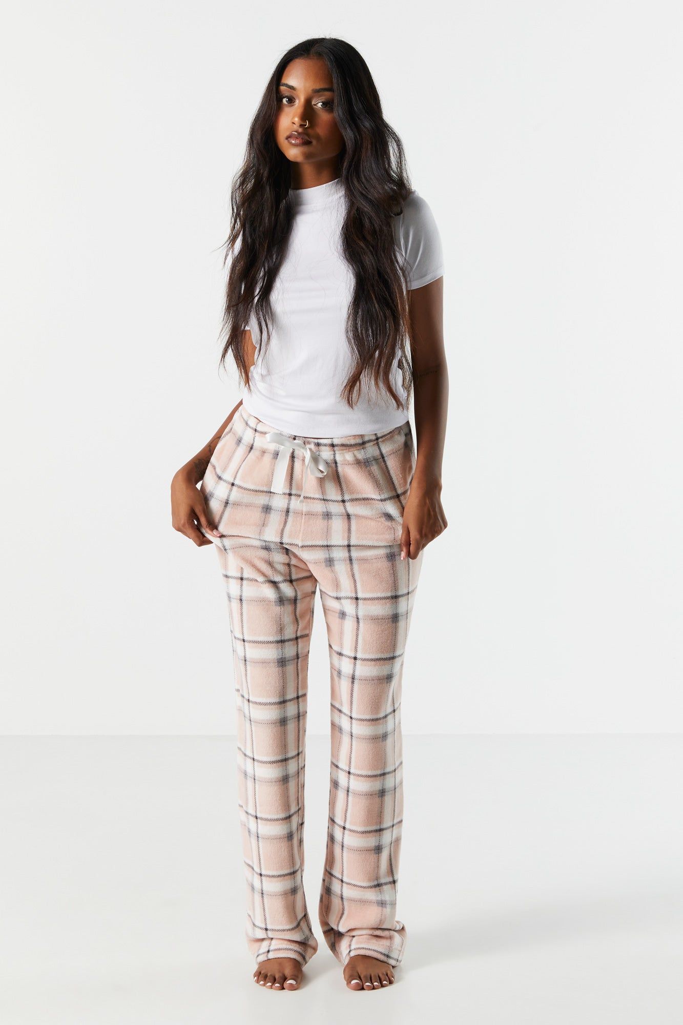 Pink Plaid Print Plush Pajama Pant sold by Urban Planet