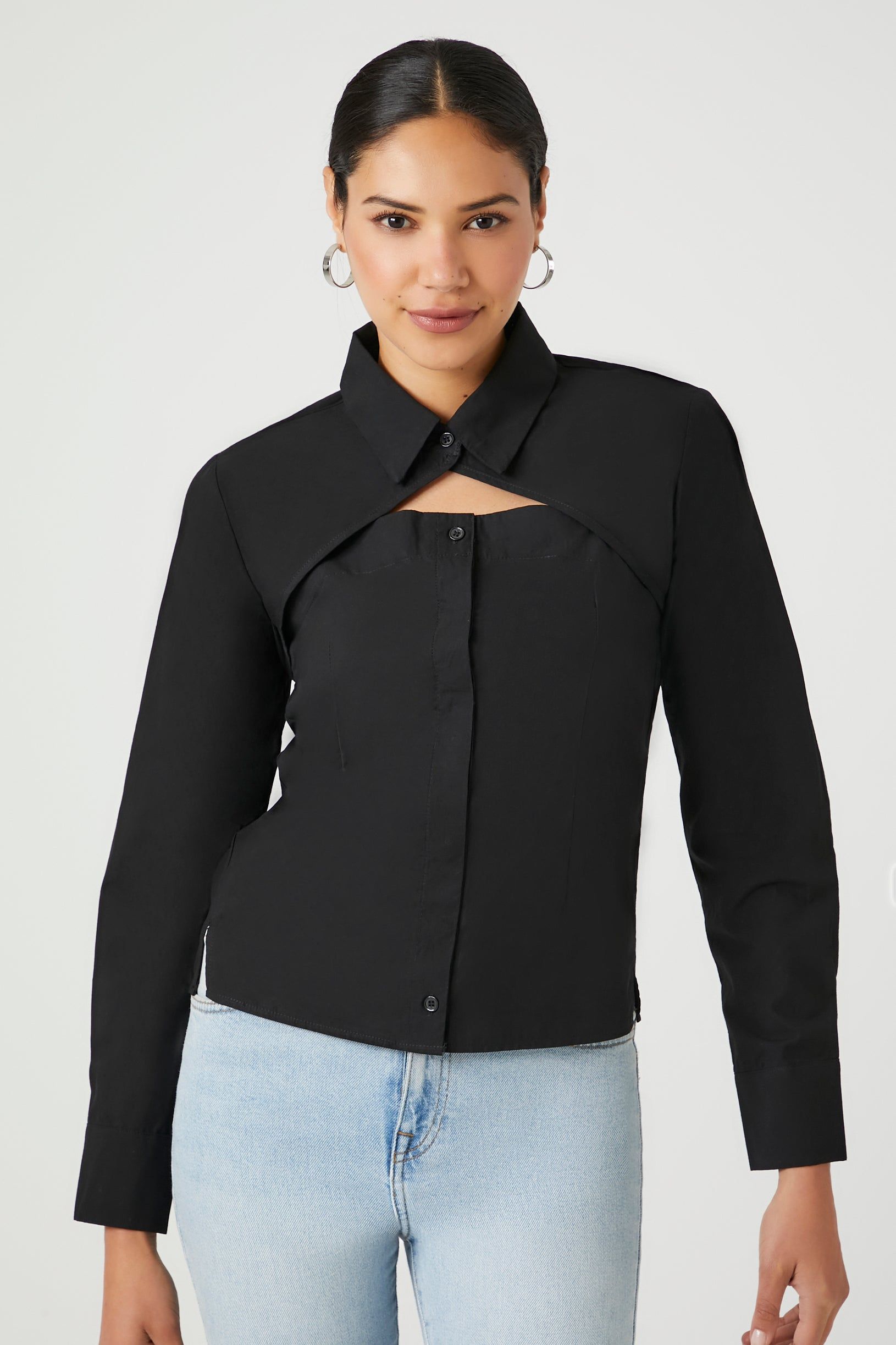 Poplin Combo Button-Up Top sold by Urban Planet