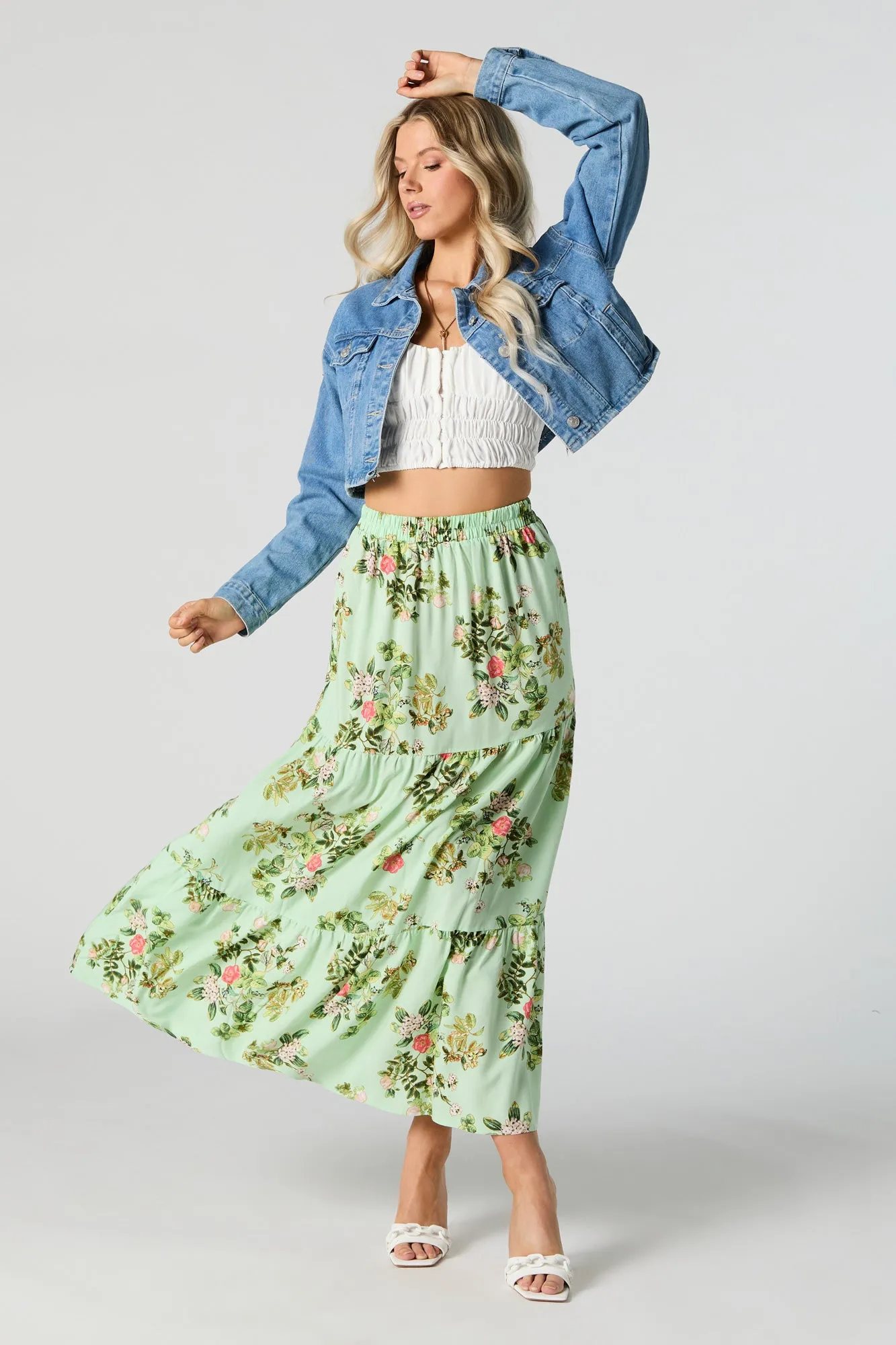 Green Floral Tiered Maxi Skirt sold by Urban Planet